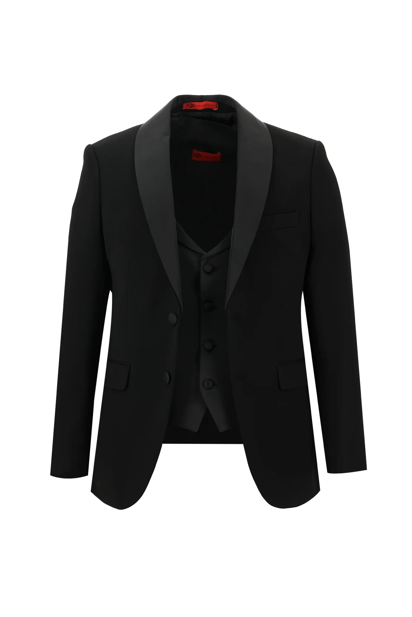 Siyah 7 Drop Slim Fit Dar Kesim Şal Yaka Yelekli Smokin & Damatlık - Image 2