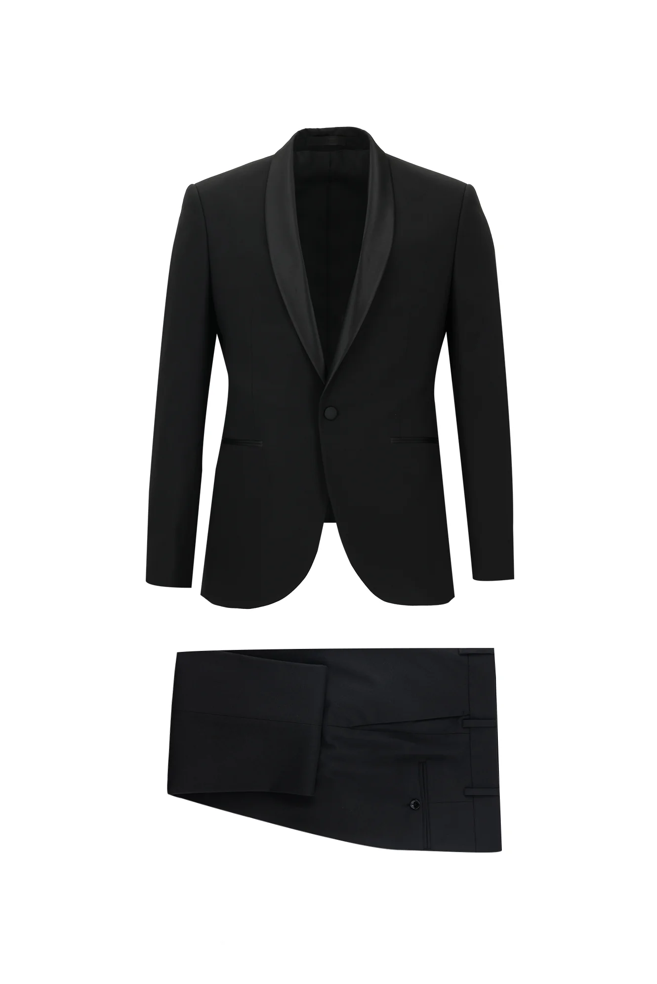 Siyah 7 Drop Slim Fit Dar Kesim Şal Yaka Yünlü Smokin & Damatlık