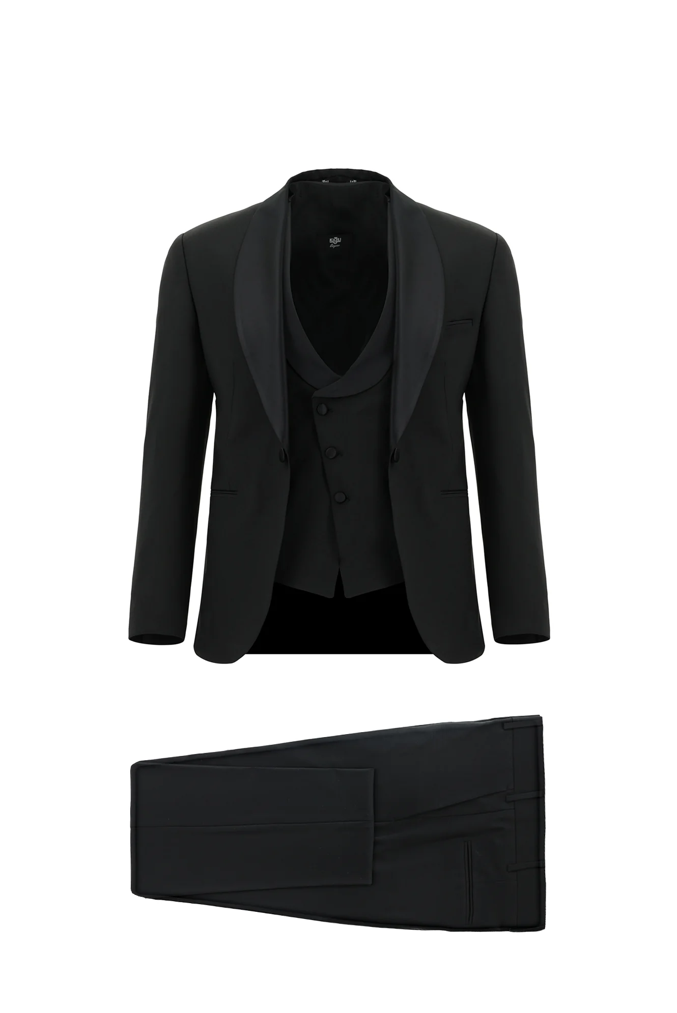 Siyah 7 Drop Slim Fit Dar Kesim Şal Yaka Yünlü Yelekli Smokin & Damatlık