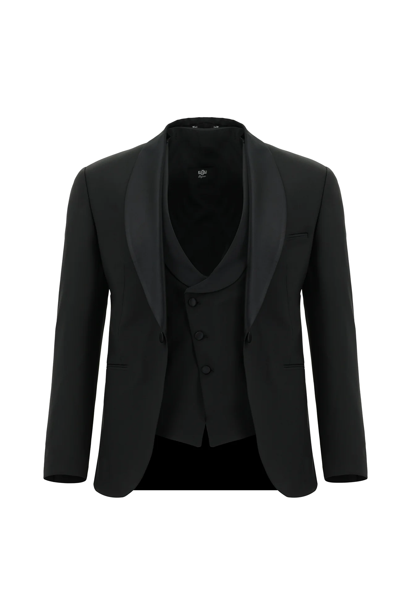 Siyah 7 Drop Slim Fit Dar Kesim Şal Yaka Yünlü Yelekli Smokin & Damatlık - Image 2