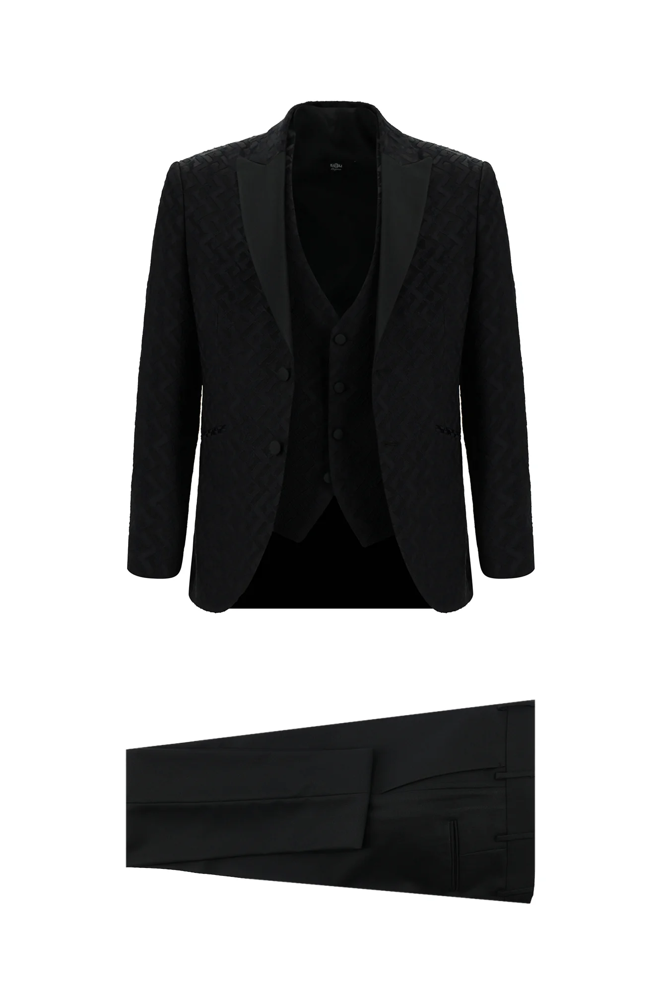 Siyah 7 Drop Slim Fit Dar Kesim Sivri Yaka Desenli Yelekli Smokin & Damatlık