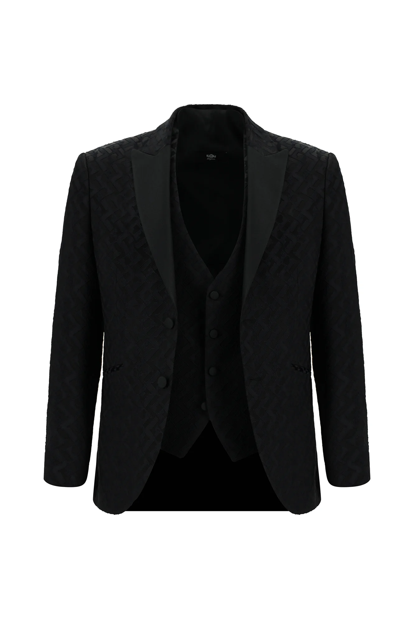 Siyah 7 Drop Slim Fit Dar Kesim Sivri Yaka Desenli Yelekli Smokin & Damatlık - Image 2