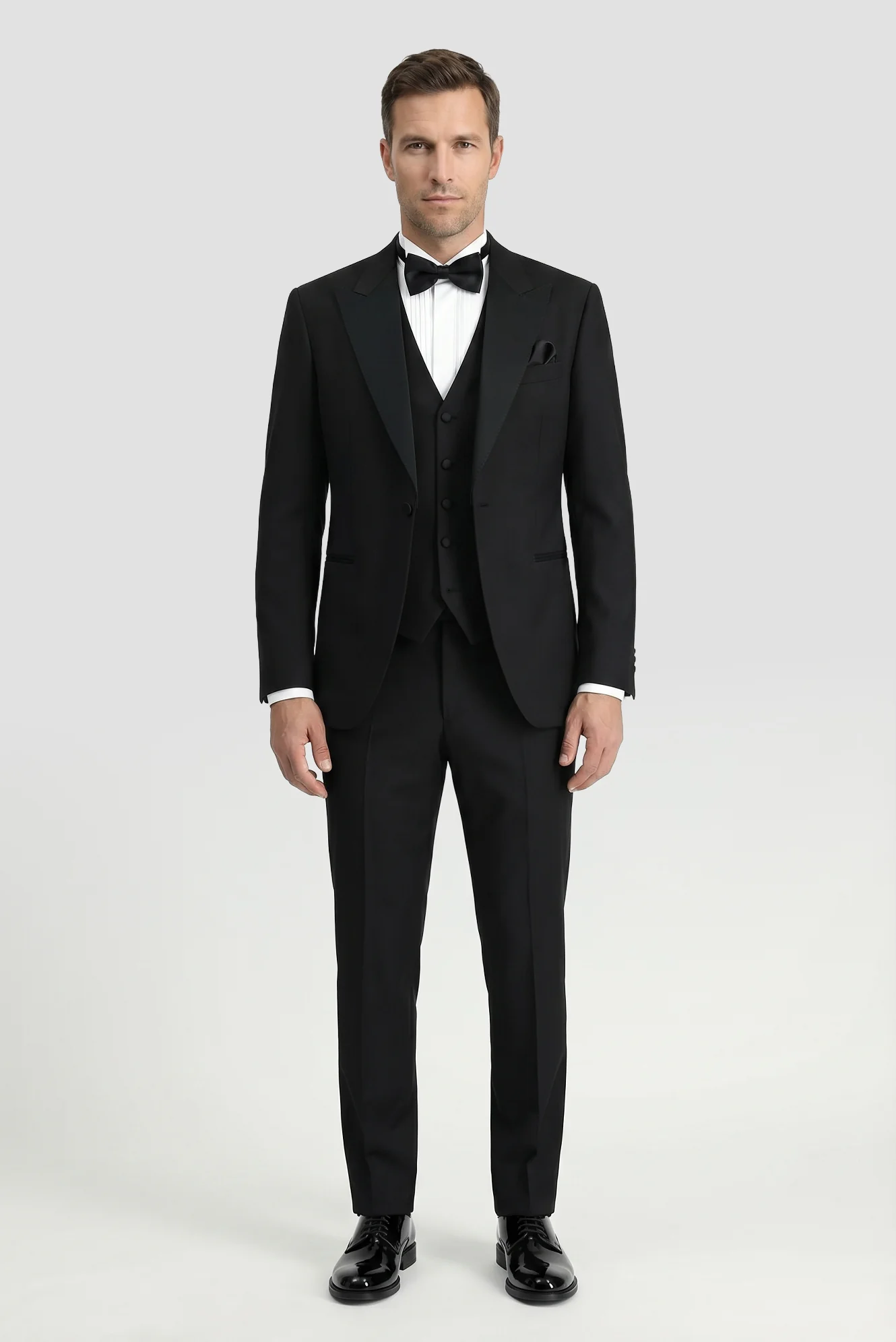Siyah 7 Drop Slim Fit Dar Kesim Sivri Yaka Yelekli Smokin & Damatlık