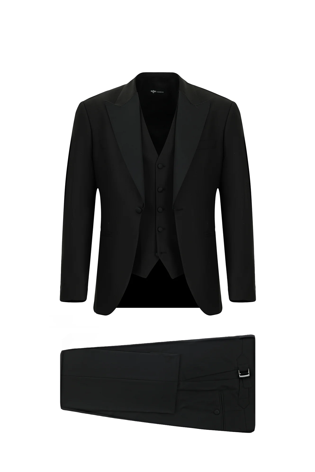 Siyah 7 Drop Slim Fit Dar Kesim Sivri Yaka Yelekli Smokin & Damatlık - Image 4