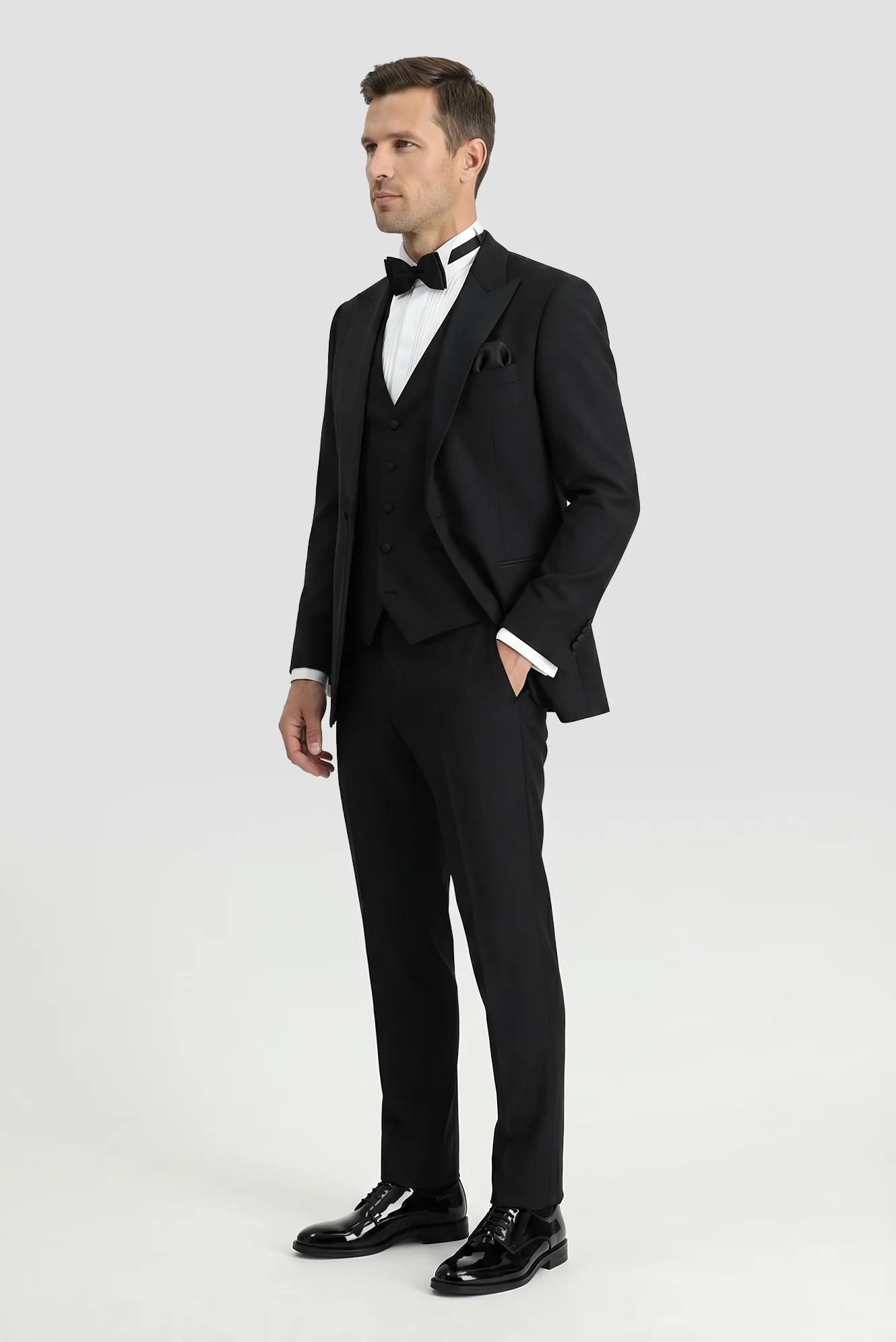 Siyah 7 Drop Slim Fit Dar Kesim Sivri Yaka Yelekli Smokin & Damatlık - Image 8