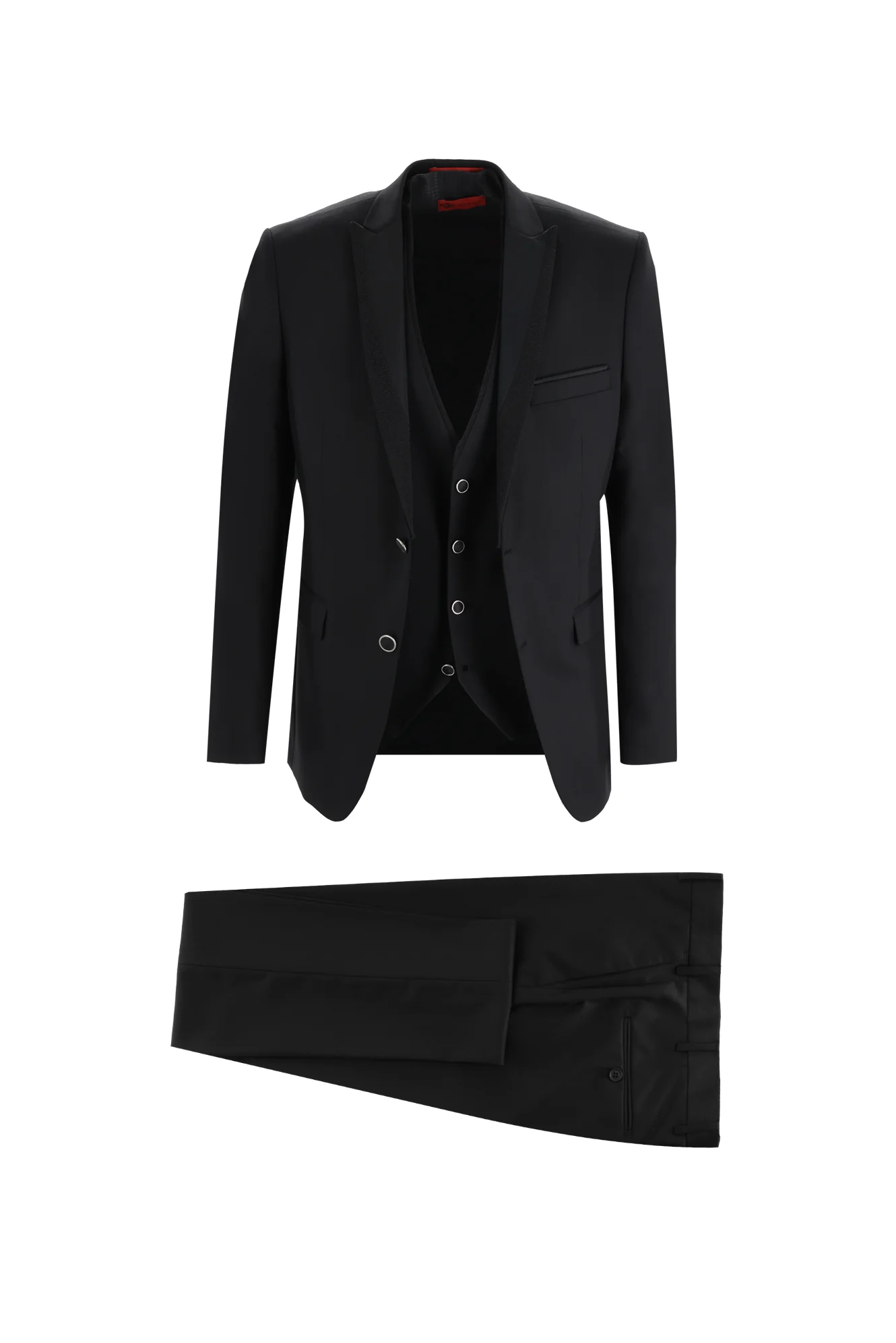 Siyah 7 Drop Slim Fit Dar Kesim Sivri Yaka Yelekli Smokin & Damatlık
