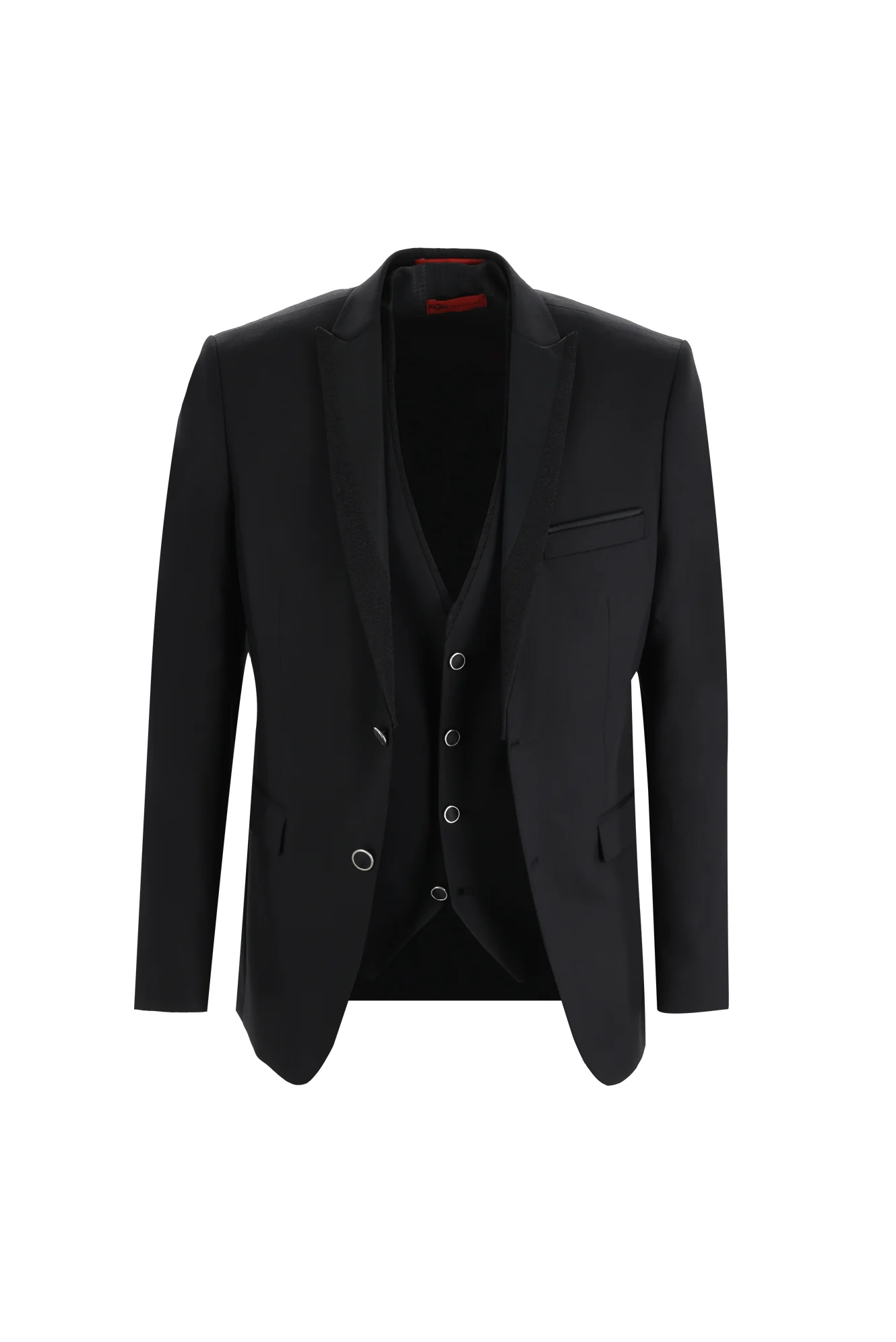 Siyah 7 Drop Slim Fit Dar Kesim Sivri Yaka Yelekli Smokin & Damatlık - Image 2