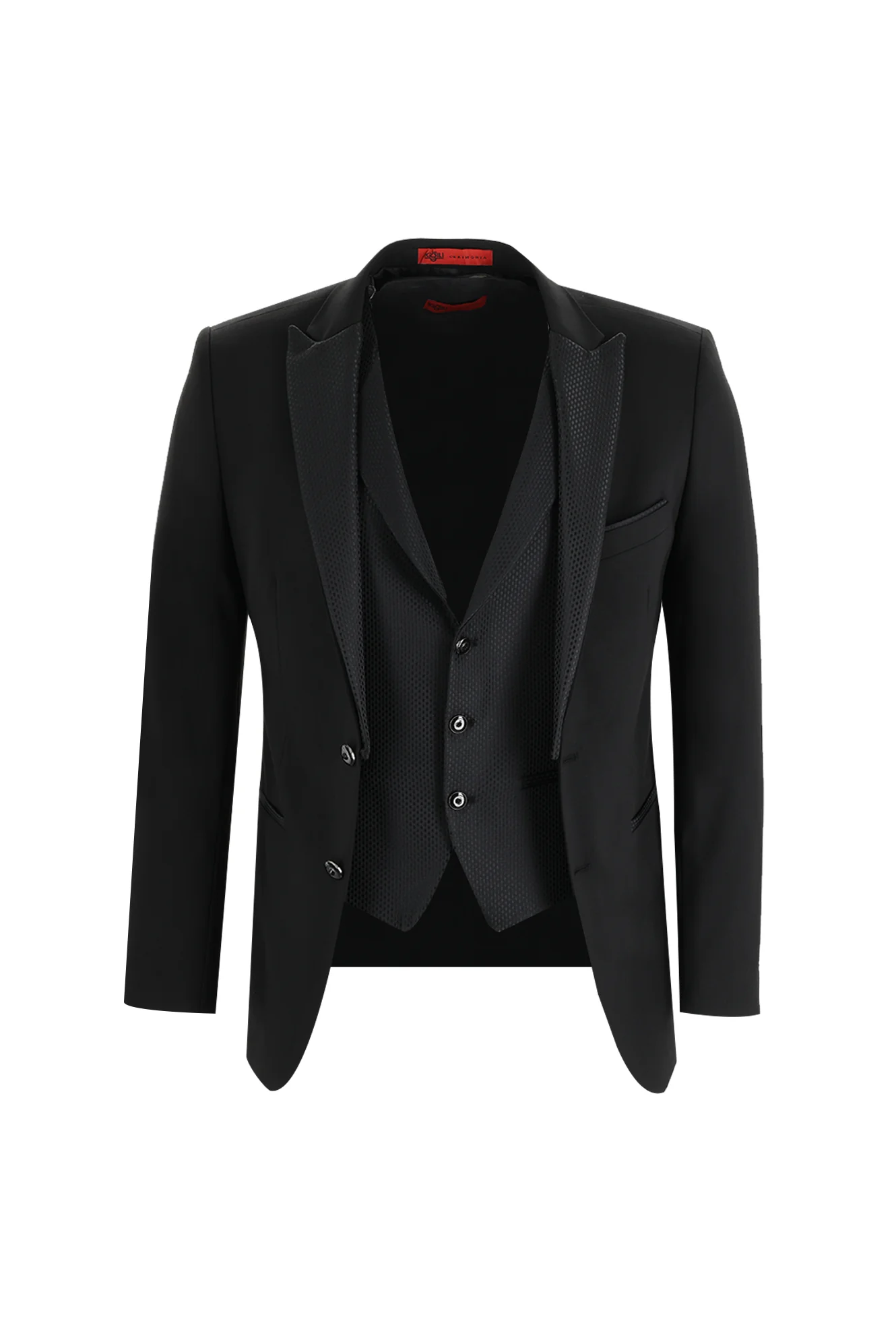 Siyah 7 Drop Slim Fit Dar Kesim Sivri Yaka Yelekli Smokin & Damatlık - Image 2