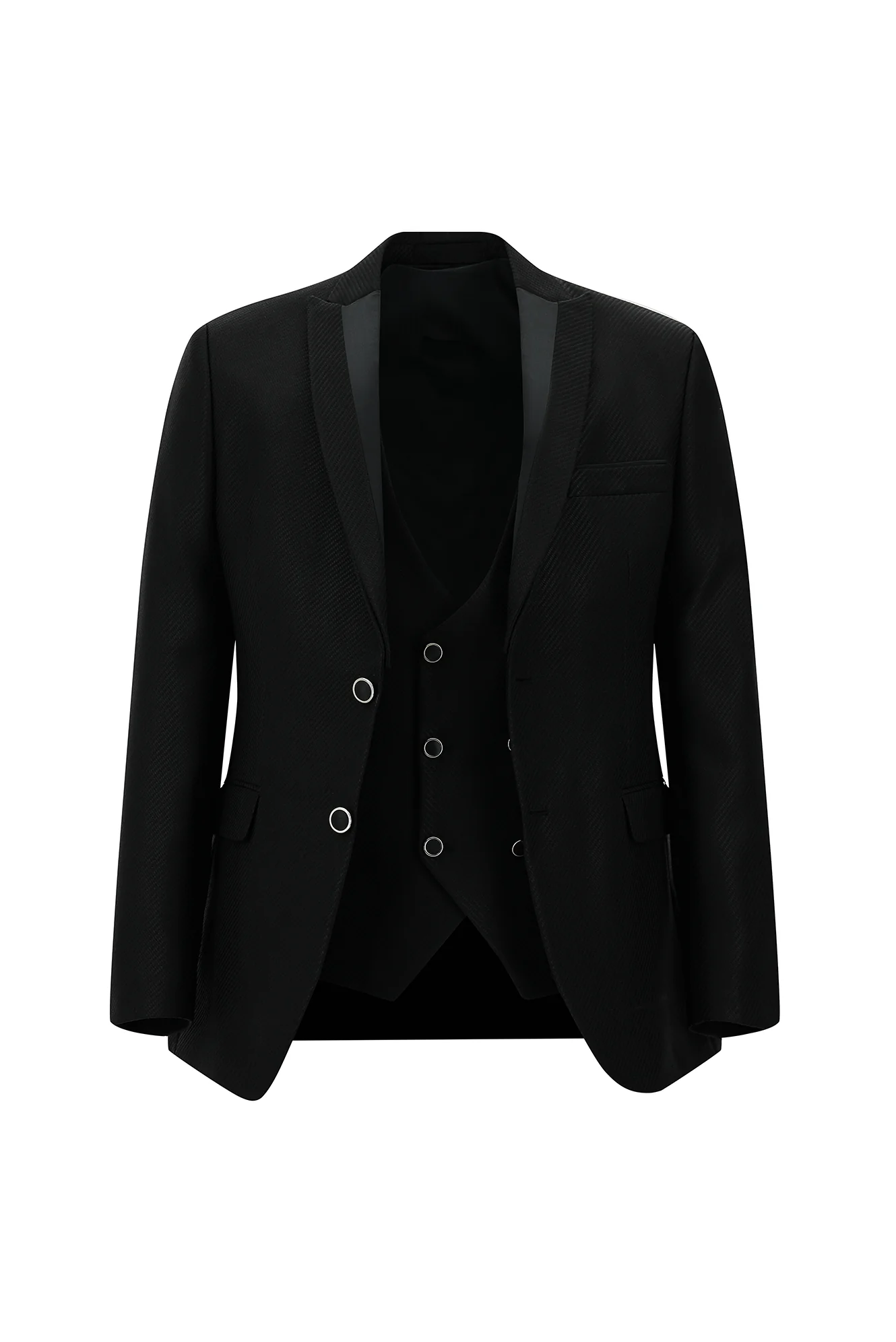 Siyah 7 Drop Slim Fit Dar Kesim Sivri Yaka Yelekli Smokin & Damatlık - Image 2