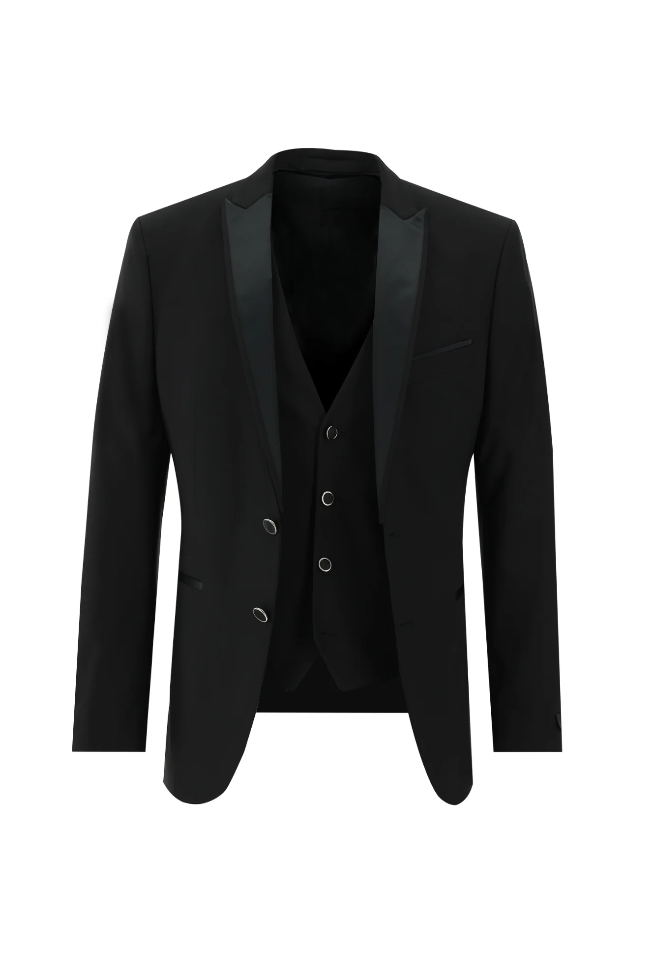 Siyah 7 Drop Slim Fit Dar Kesim Sivri Yaka Yelekli Smokin & Damatlık - Image 2