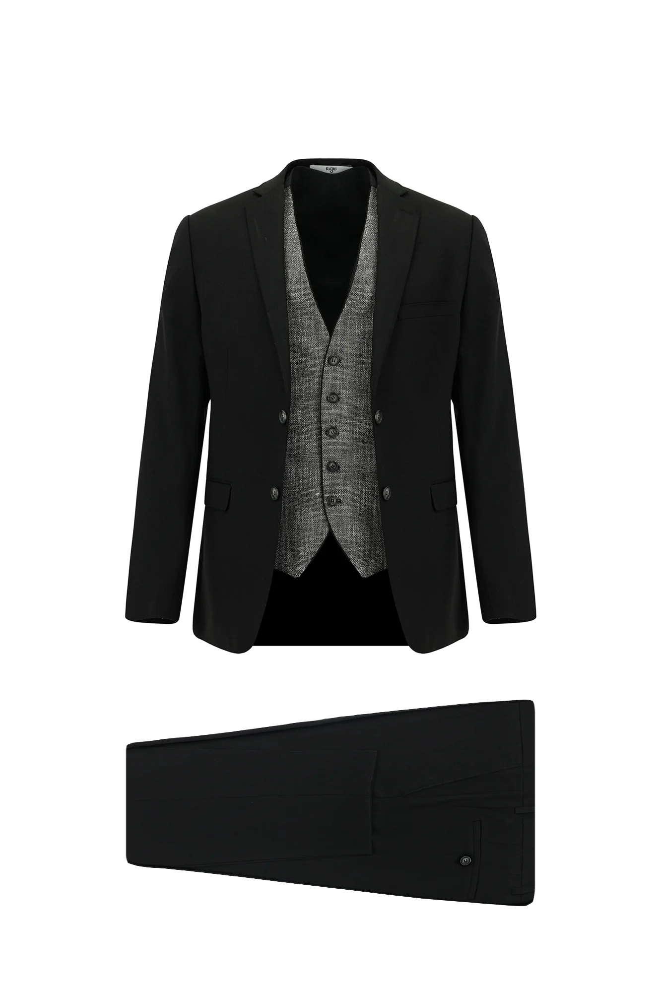 Siyah 7 Drop Slim Fit Dar Kesim Yelekli Takım Elbise