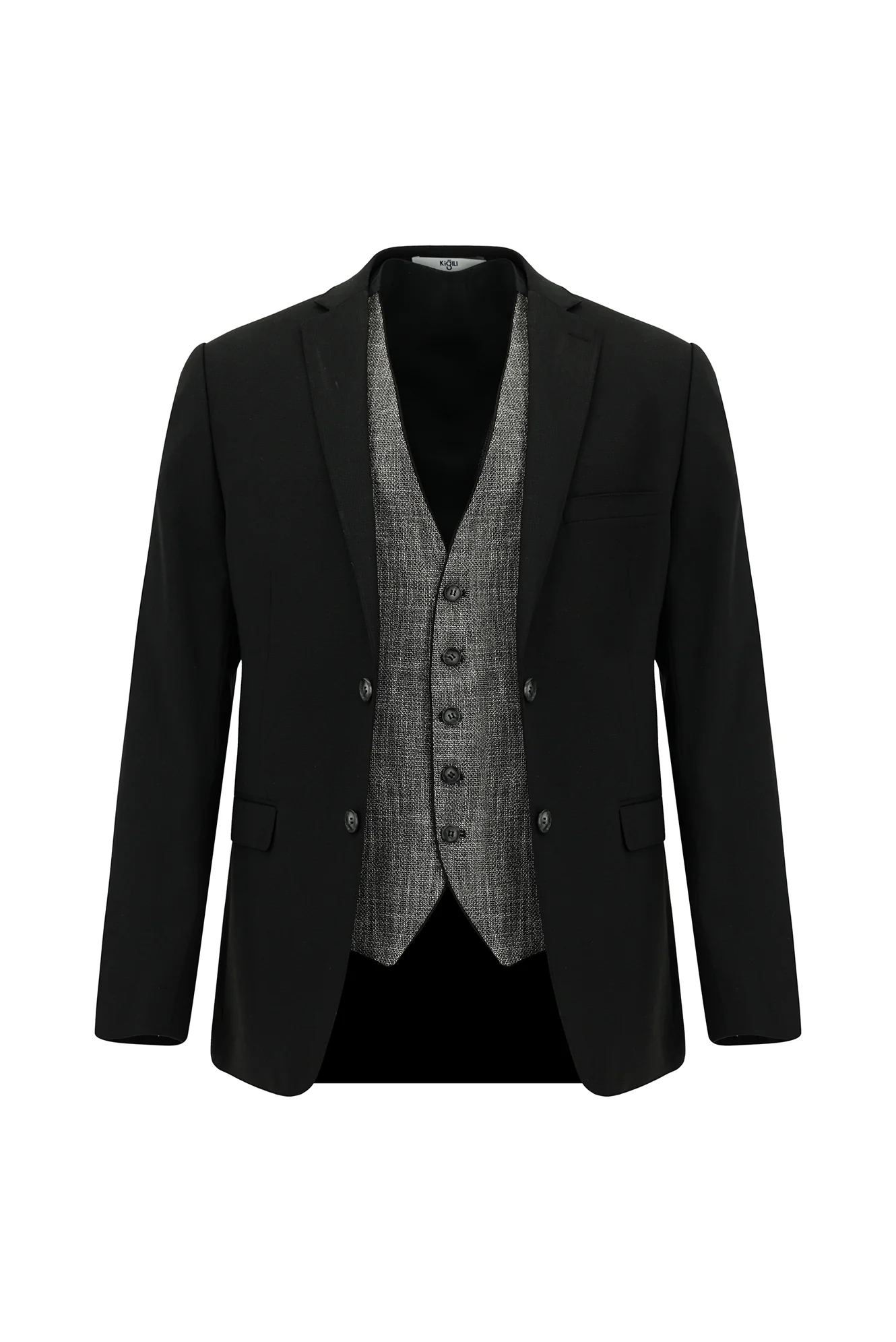 Siyah 7 Drop Slim Fit Dar Kesim Yelekli Takım Elbise - Image 2