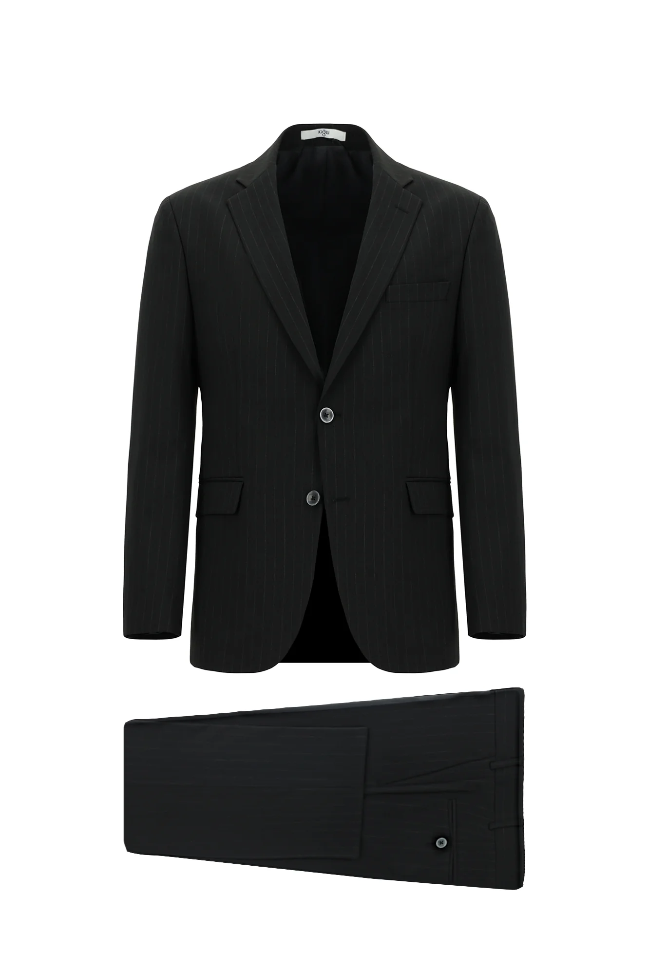 Siyah 7 Drop Slim Fit Dar Kesim Yünlü Çizgili Takım Elbise