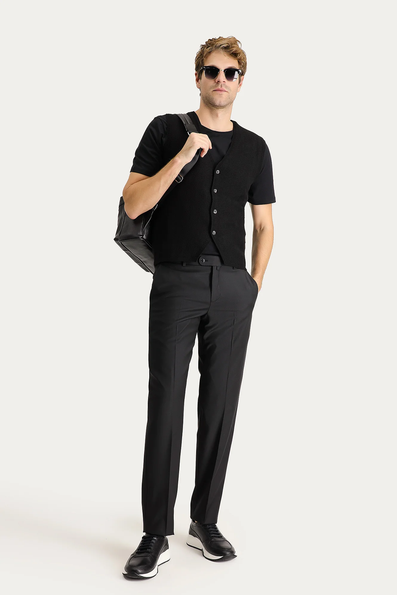 Siyah 7 Drop Slim Fit Dar Kesim Yünlü Klasik Kumaş Pantolon