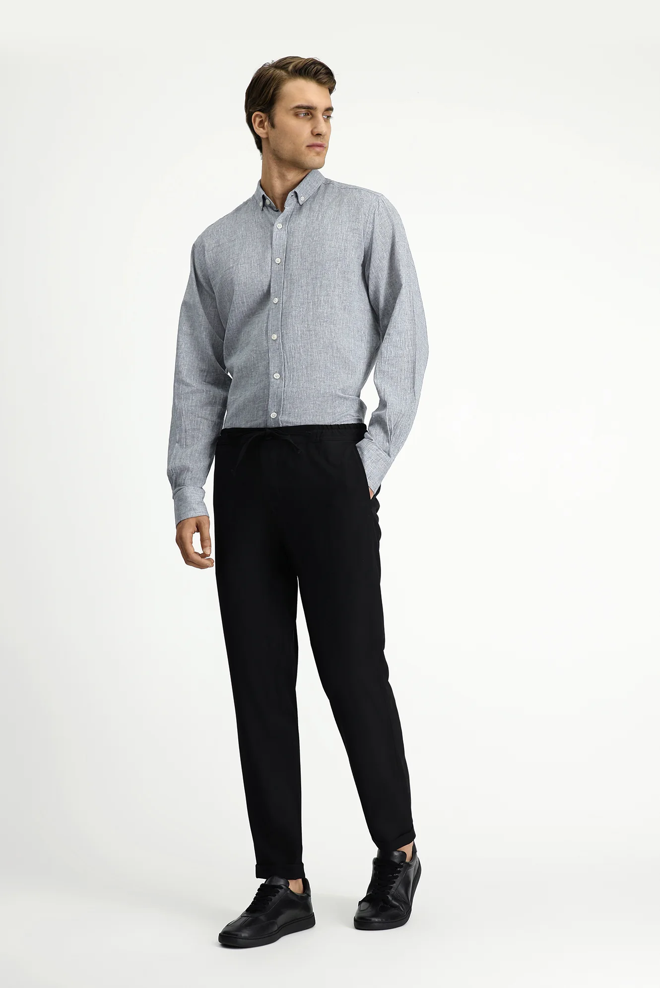 Siyah 7 Drop Slim Fit Dar Kesim Likralı Beli Lastikli İpli Klasik Kumaş Pantolon - Image 3