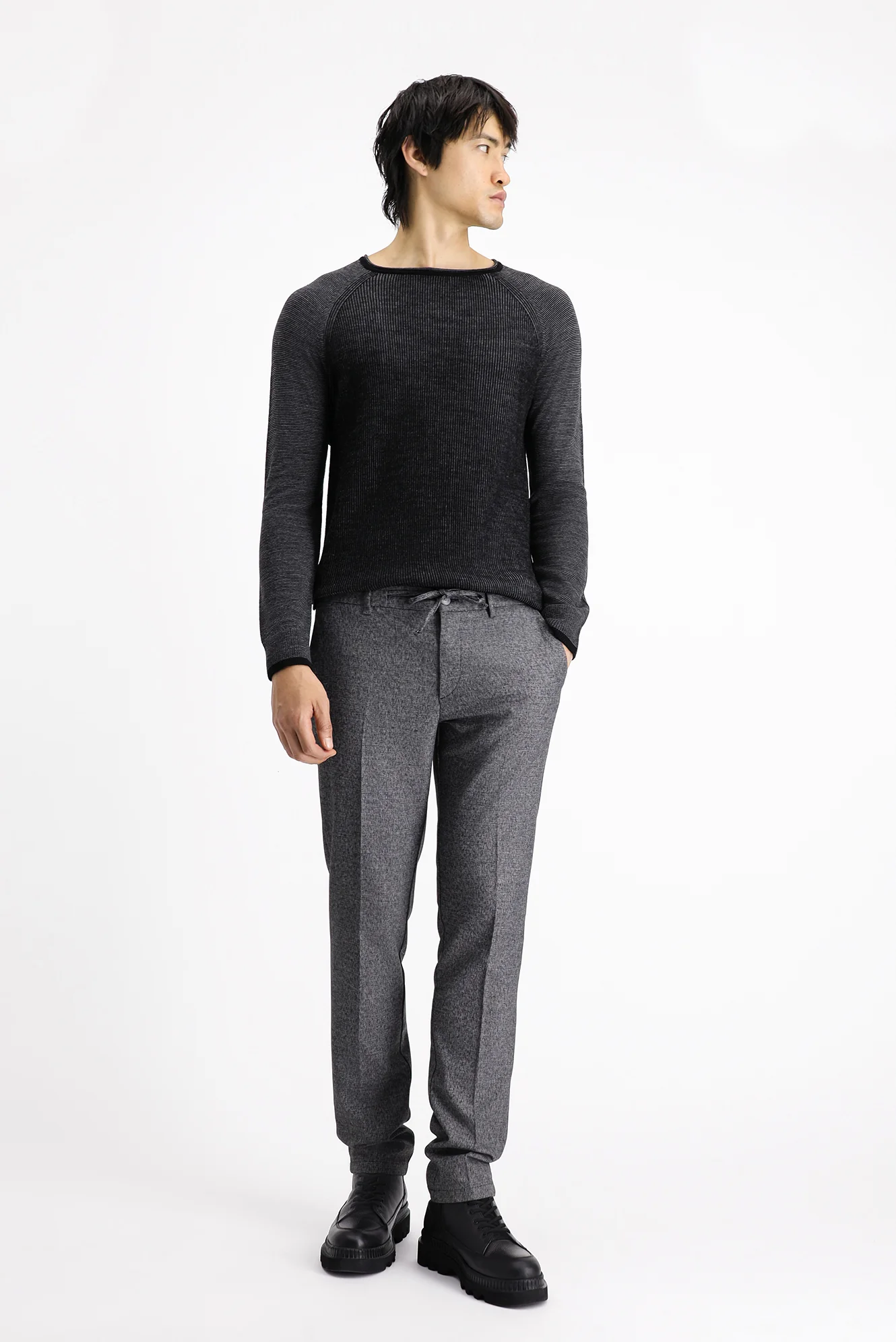 Siyah 7 Drop Super Slim Fit Eksra Dar Kesim Beli Lastikli İpli Desenli Likralı Klasik Kumaş Pantolon - Image 2