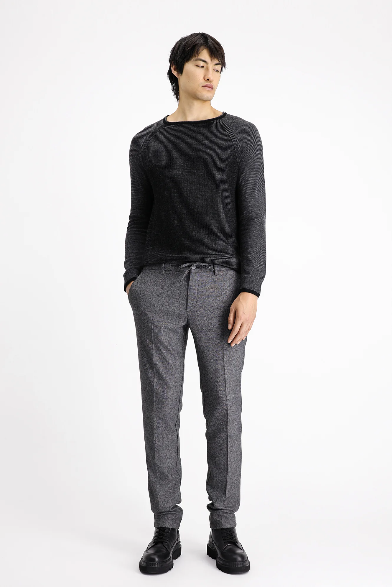 Siyah 7 Drop Super Slim Fit Eksra Dar Kesim Beli Lastikli İpli Desenli Likralı Klasik Kumaş Pantolon - Image 3