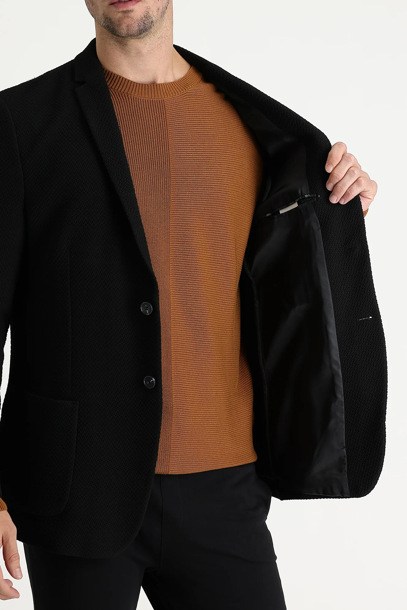 Siyah 7 Drop Super Slim Fit Eksra Dar Kesim Desenli Ceket - Image 5