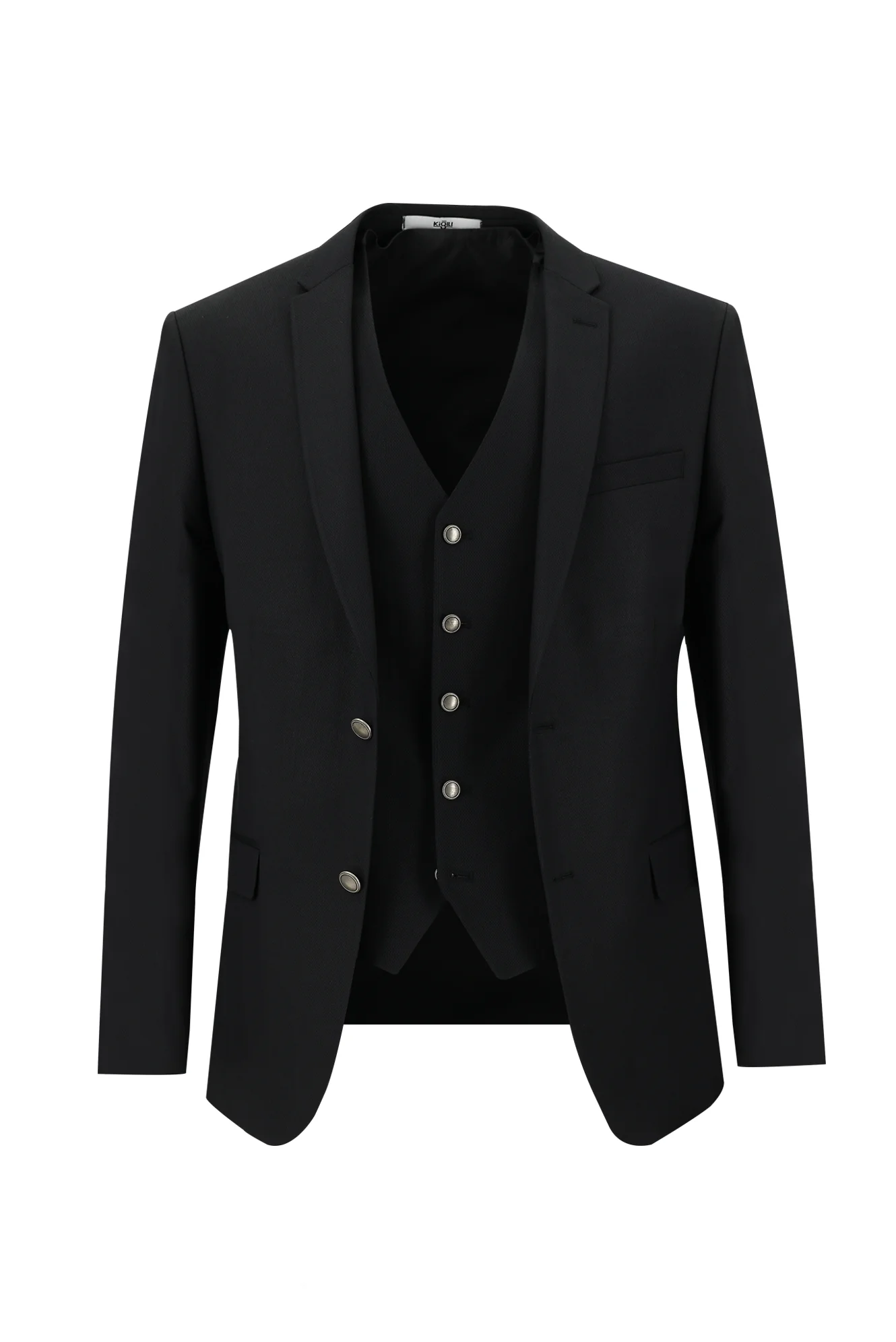 Siyah 7 Drop Super Slim Fit Eksra Dar Kesim Desenli Yelekli Takım Elbise - Image 2
