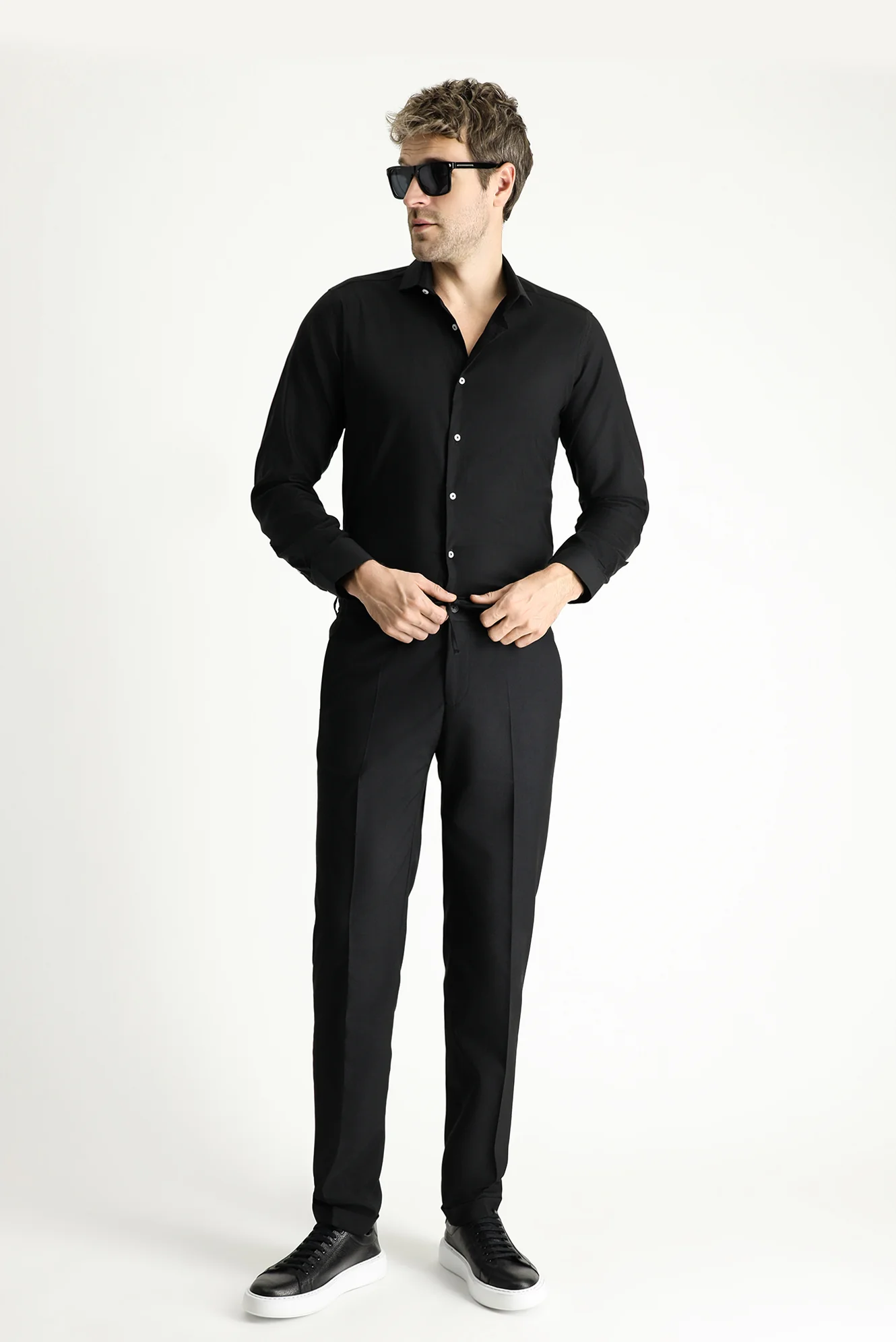 Siyah 7 Drop Super Slim Fit Eksra Dar Kesim Likralı Beli Lastikli İpli Klasik Kumaş Pantolon