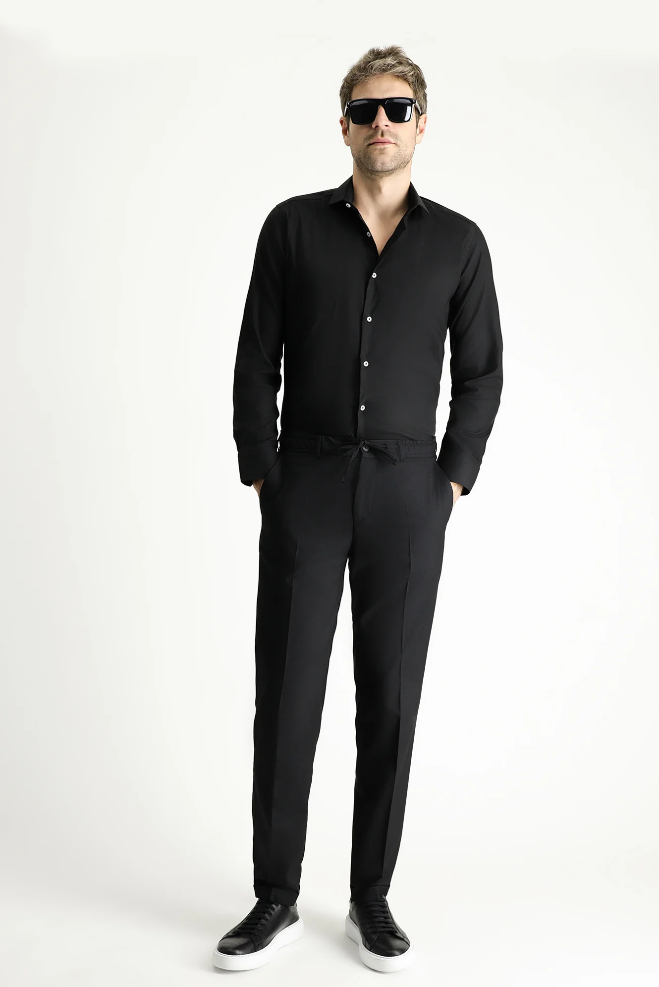 Siyah 7 Drop Super Slim Fit Eksra Dar Kesim Likralı Beli Lastikli İpli Klasik Kumaş Pantolon - Image 2