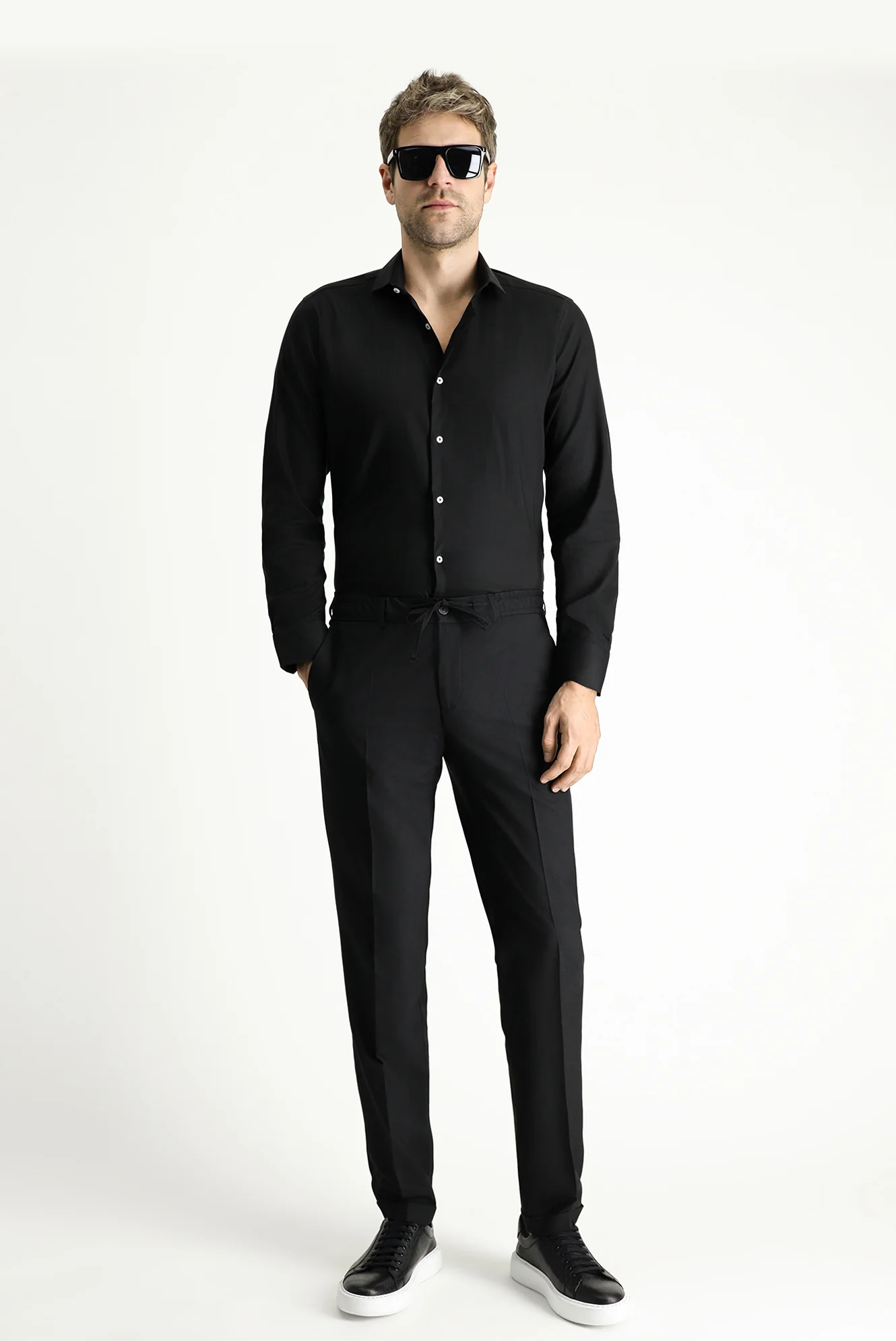 Siyah 7 Drop Super Slim Fit Eksra Dar Kesim Likralı Beli Lastikli İpli Klasik Kumaş Pantolon - Image 3