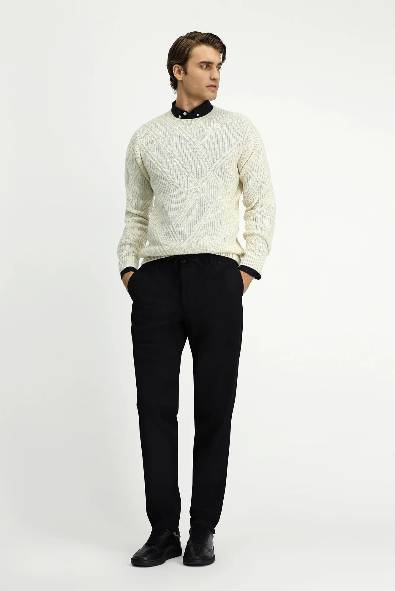 Siyah 7 Drop Super Slim Fit Eksra Dar Kesim Likralı Beli Lastikli İpli Klasik Kumaş Pantolon - Image 2