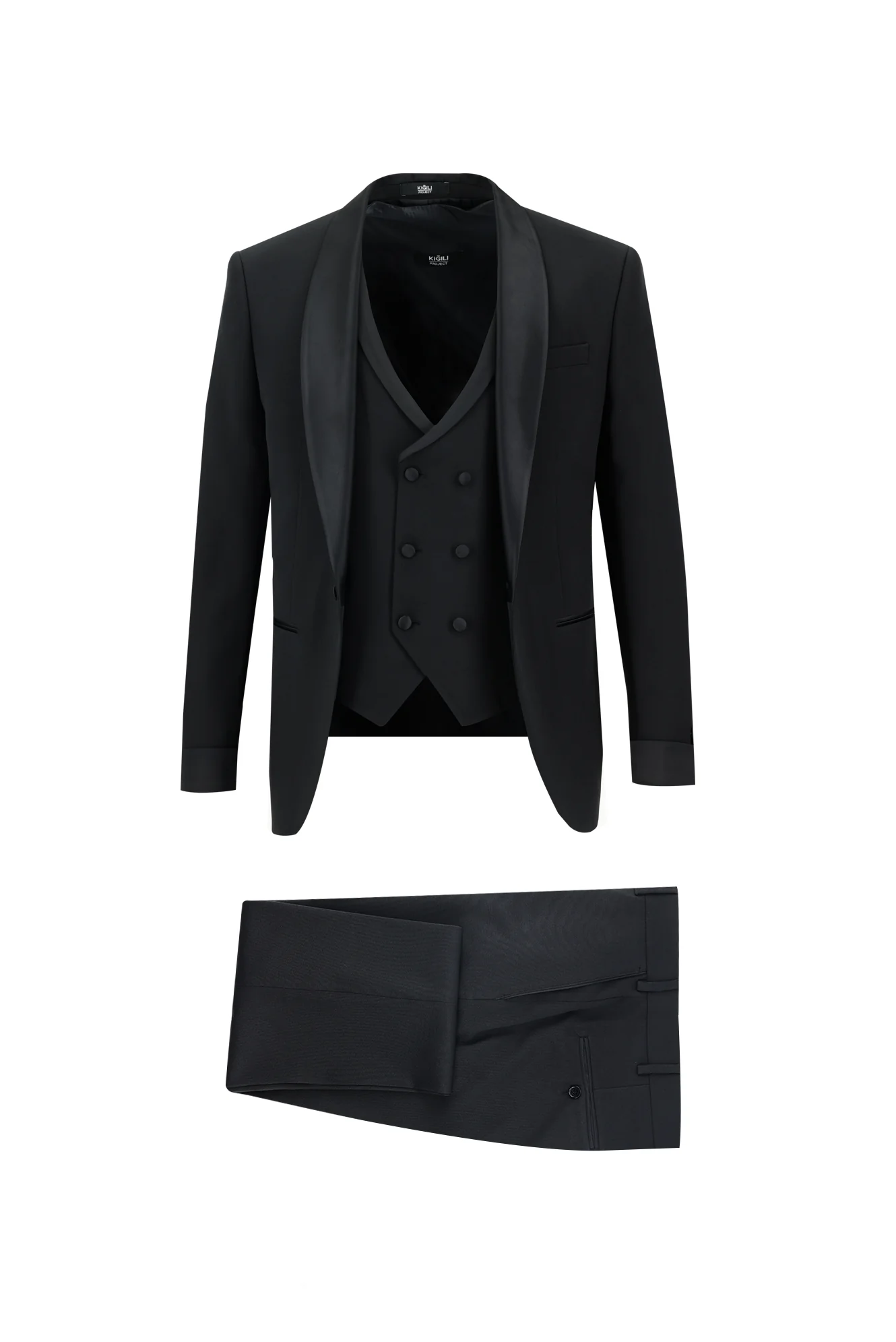 Siyah 7 Drop Super Slim Fit Eksra Dar Kesim Şal Yaka Yelekli Smokin & Damatlık