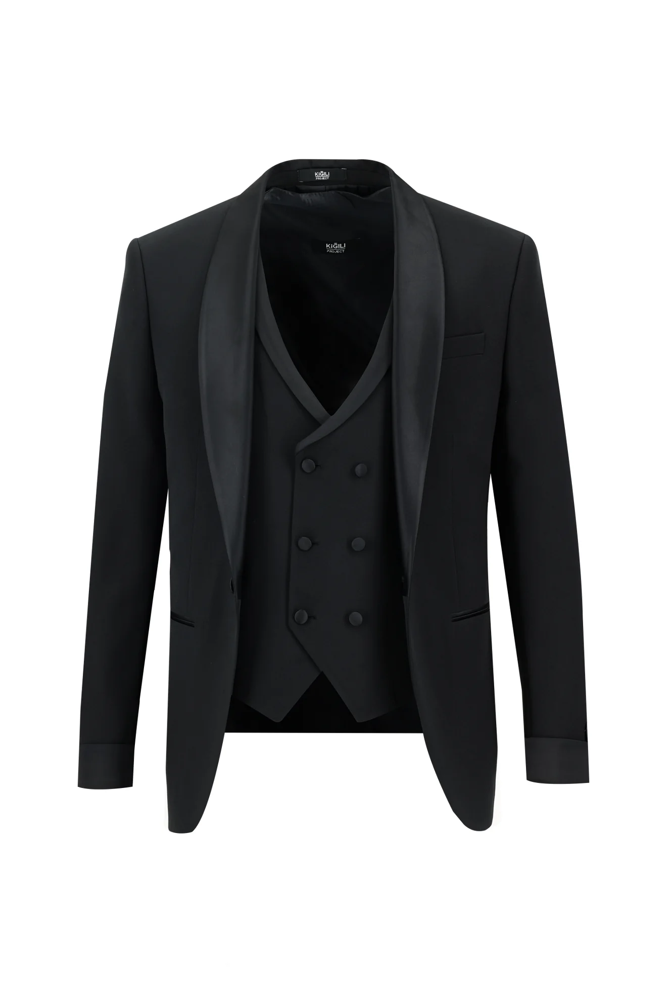 Siyah 7 Drop Super Slim Fit Eksra Dar Kesim Şal Yaka Yelekli Smokin & Damatlık - Image 2