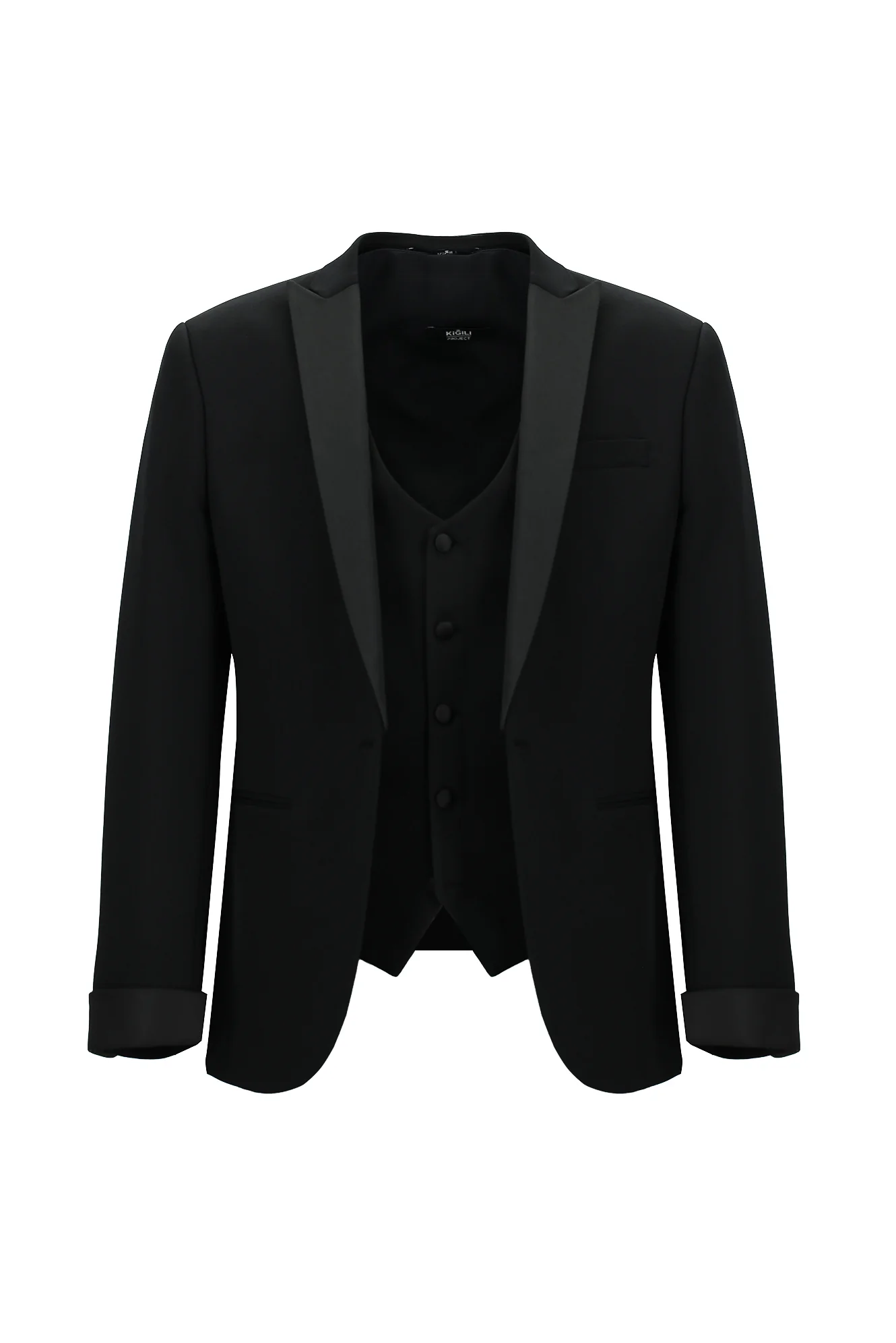 Siyah 7 Drop Super Slim Fit Eksra Dar Kesim Sivri Yaka Yelekli Smokin & Damatlık - Image 2
