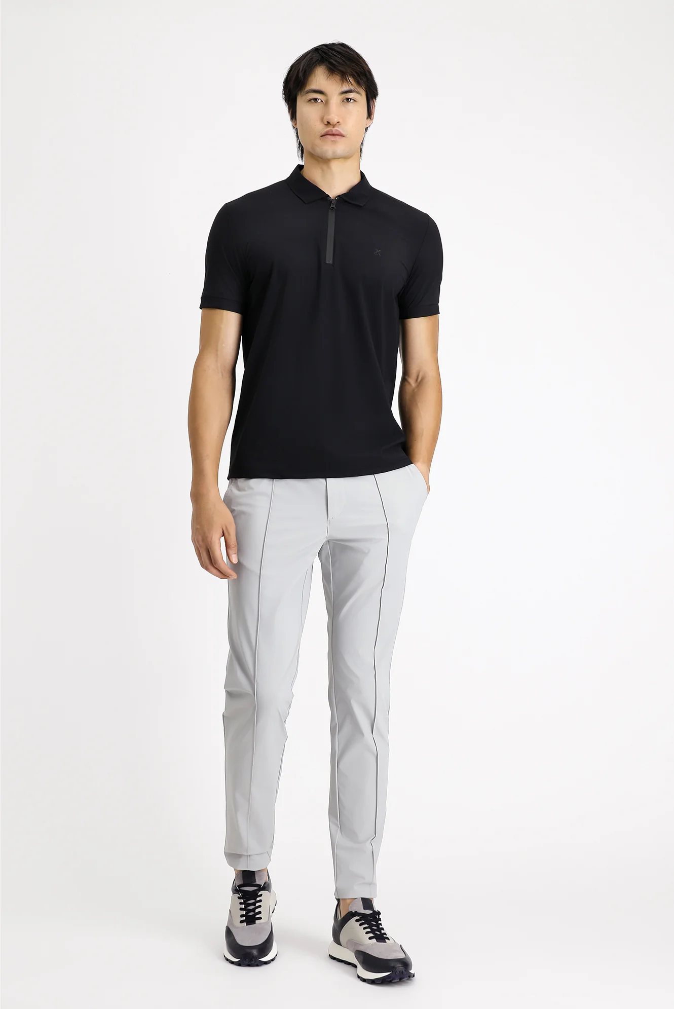 Siyah Techno-Line Polo Yaka Slim Fit Dar Kesim Fermuarlı Likralı Tişört - Image 2