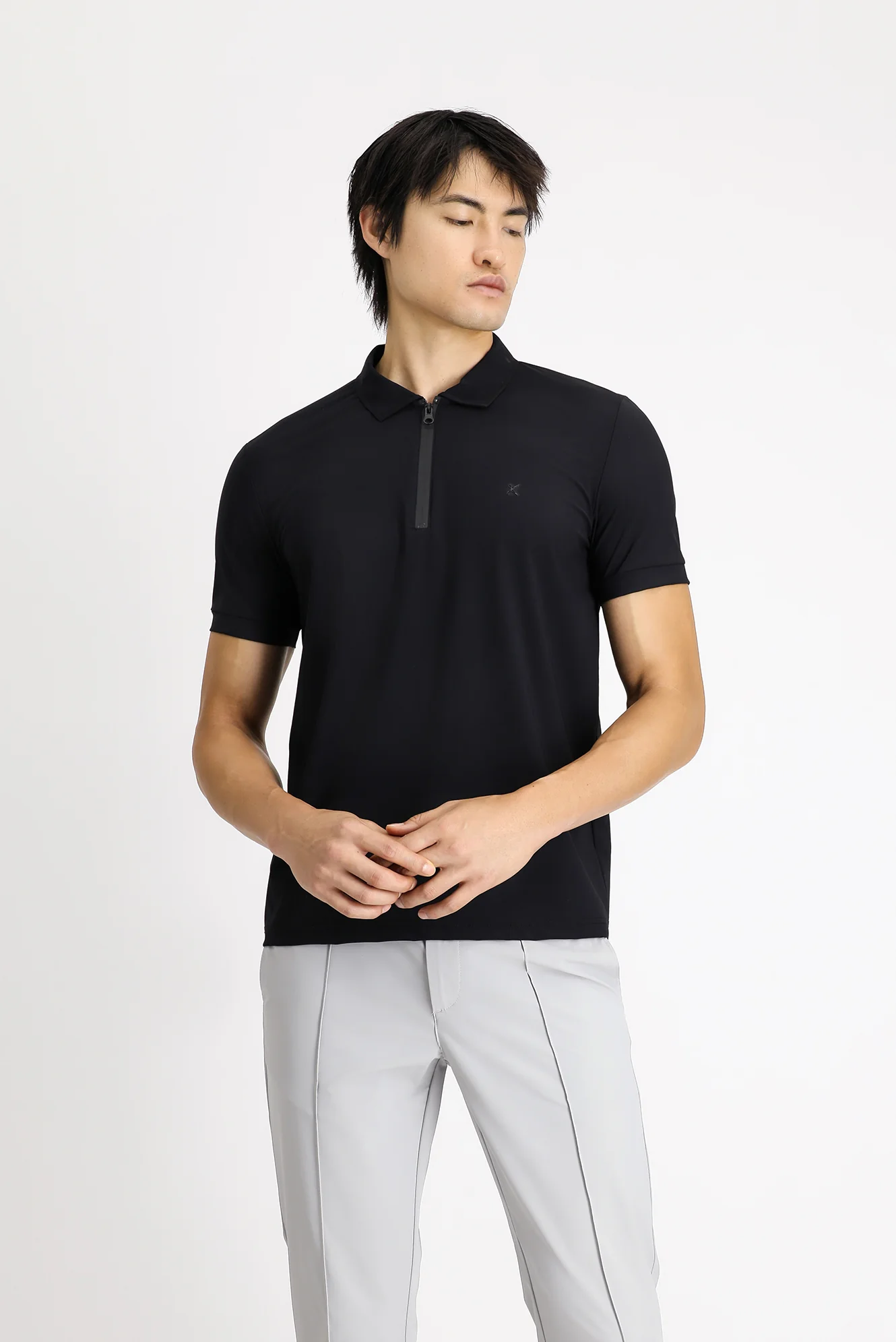 Siyah Techno-Line Polo Yaka Slim Fit Dar Kesim Fermuarlı Likralı Tişört - Image 3
