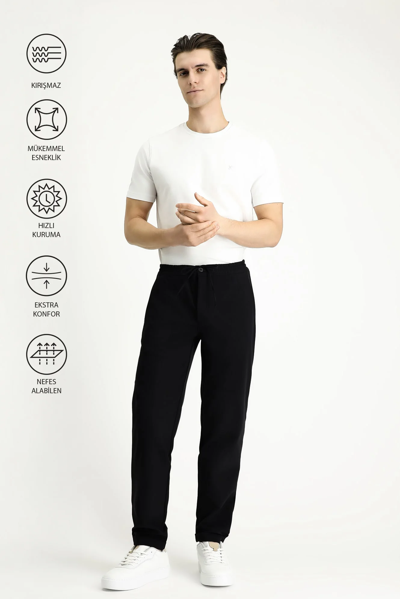Siyah Techno-Line 7 Drop Slim Fit Dar Kesim Beli Lastikli İpli Likralı Klasik Kumaş Pantolon