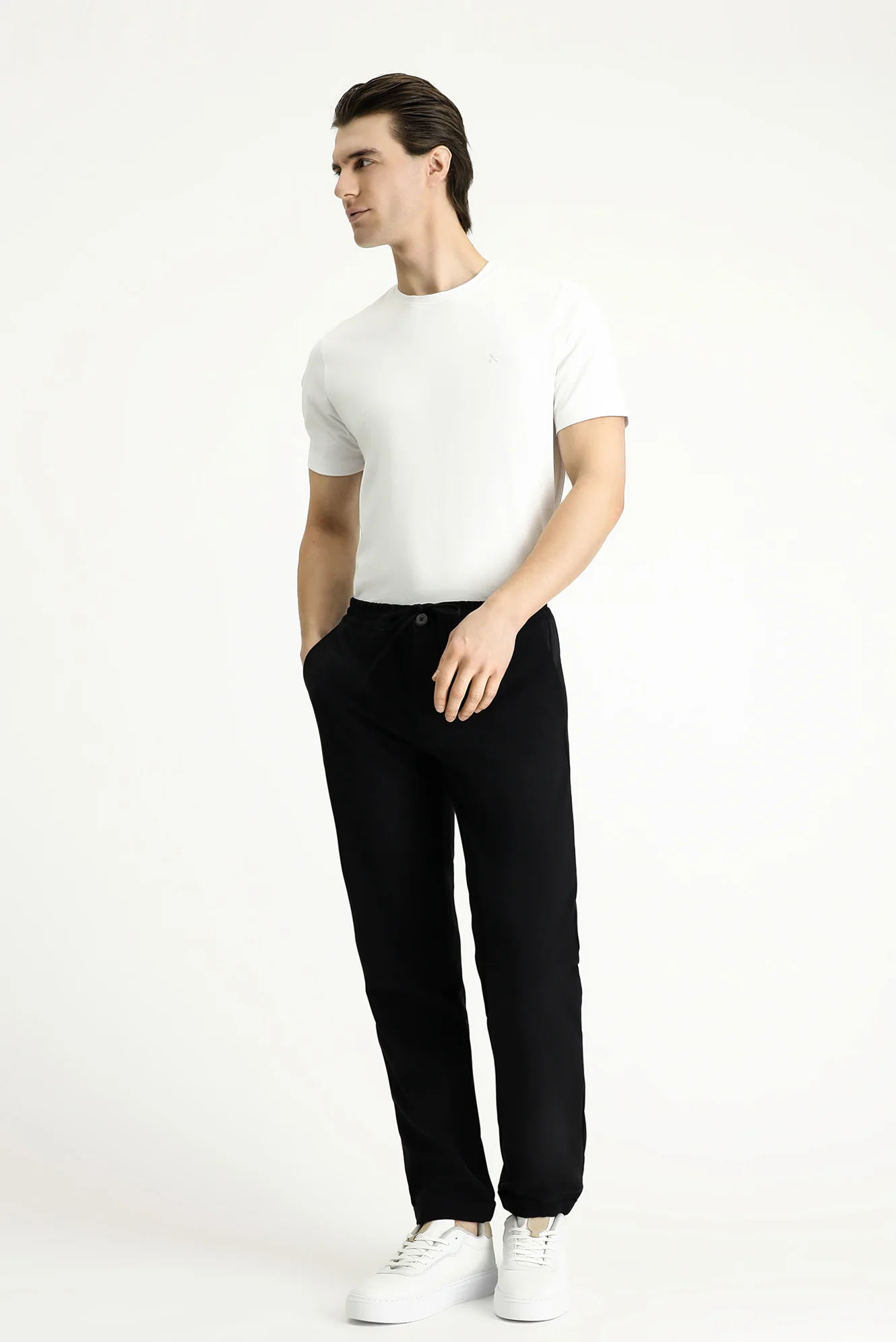 Siyah Techno-Line 7 Drop Slim Fit Dar Kesim Beli Lastikli İpli Likralı Klasik Kumaş Pantolon - Image 2