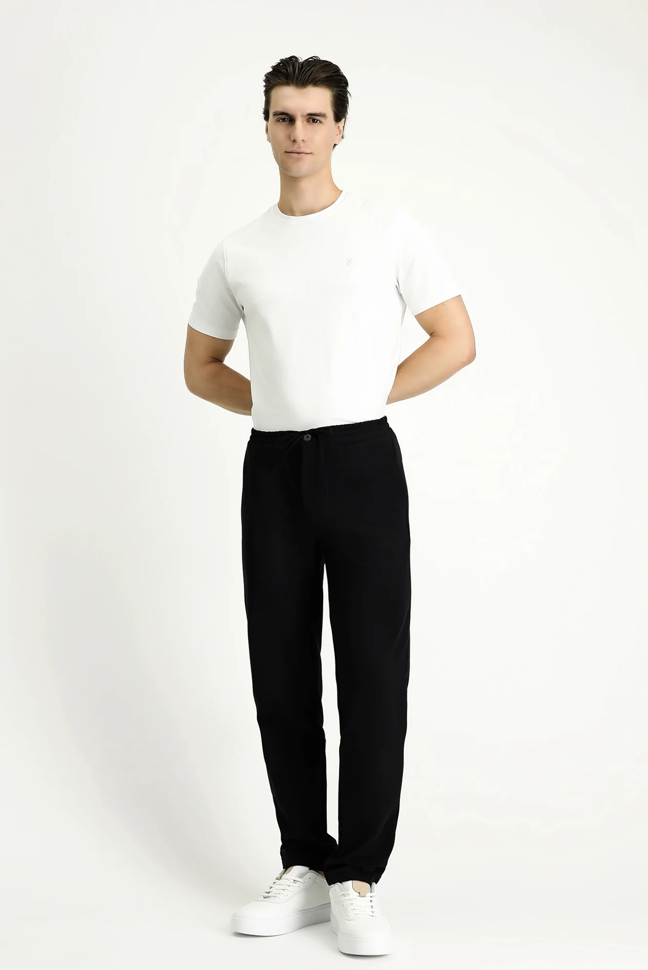 Siyah Techno-Line 7 Drop Slim Fit Dar Kesim Beli Lastikli İpli Likralı Klasik Kumaş Pantolon - Image 3
