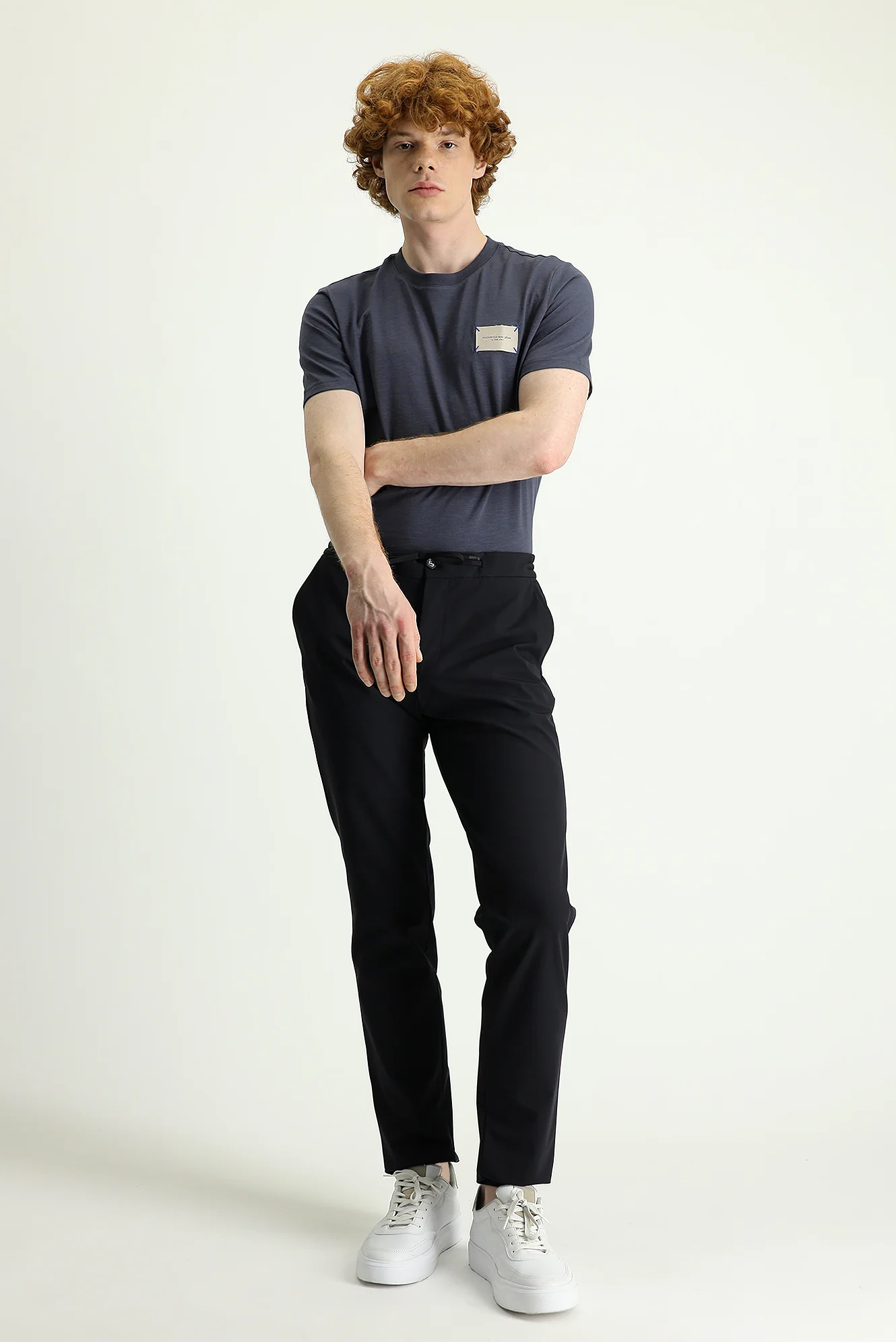 Siyah Techno-Line 7 Drop Slim Fit Dar Kesim Beli Lastikli İpli Likralı Kumaş Pantolon - Image 2