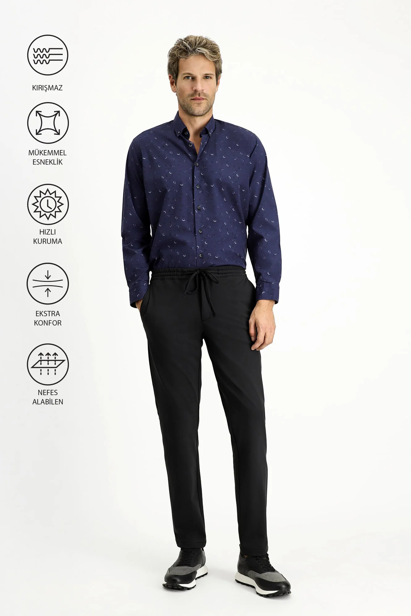 Siyah Techno-Line 7 Drop Slim Fit Dar Kesim Likralı Beli Lastikli İpli Klasik Kumaş Pantolon