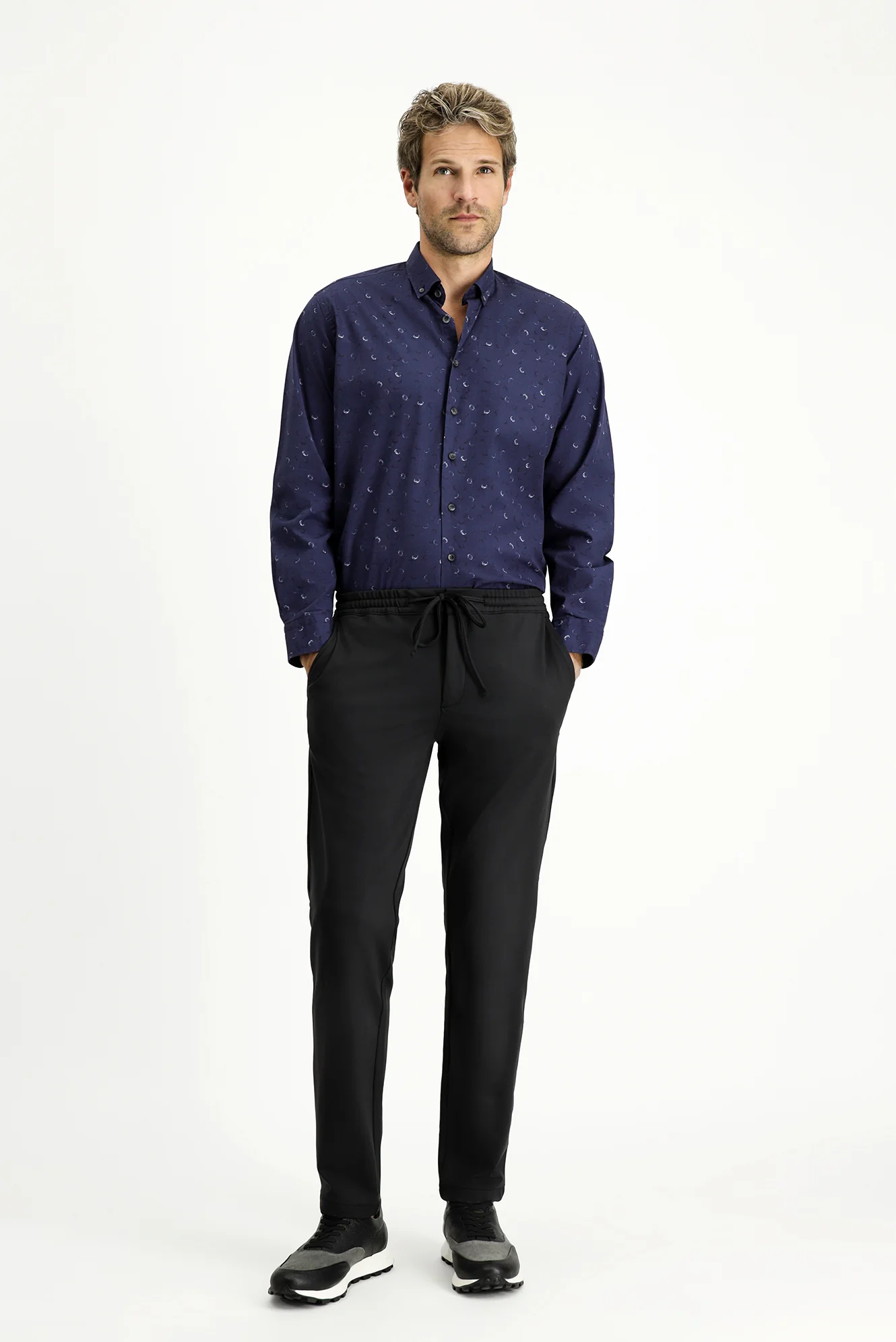 Siyah Techno-Line 7 Drop Slim Fit Dar Kesim Likralı Beli Lastikli İpli Klasik Kumaş Pantolon - Image 2