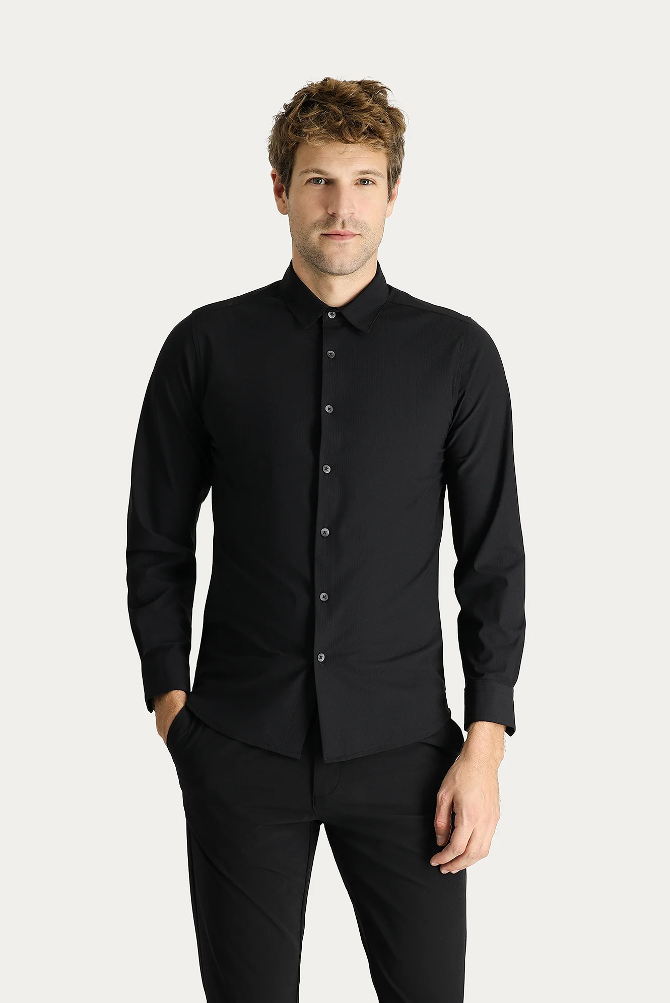 Siyah Techno-Line Uzun Kol Slim Fit Dar Kesim Gömlek - Image 3