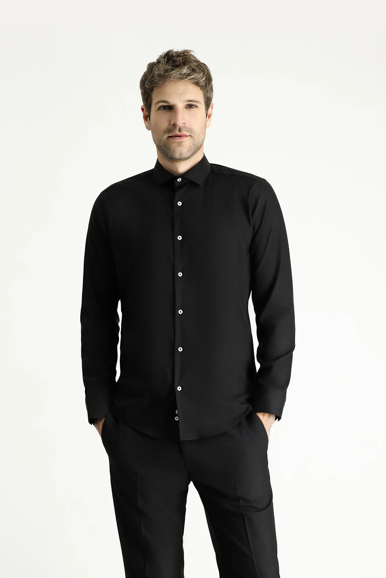 Siyah Techno-Line Uzun Kol Slim Fit Dar Kesim Klasik Gömlek - Image 4