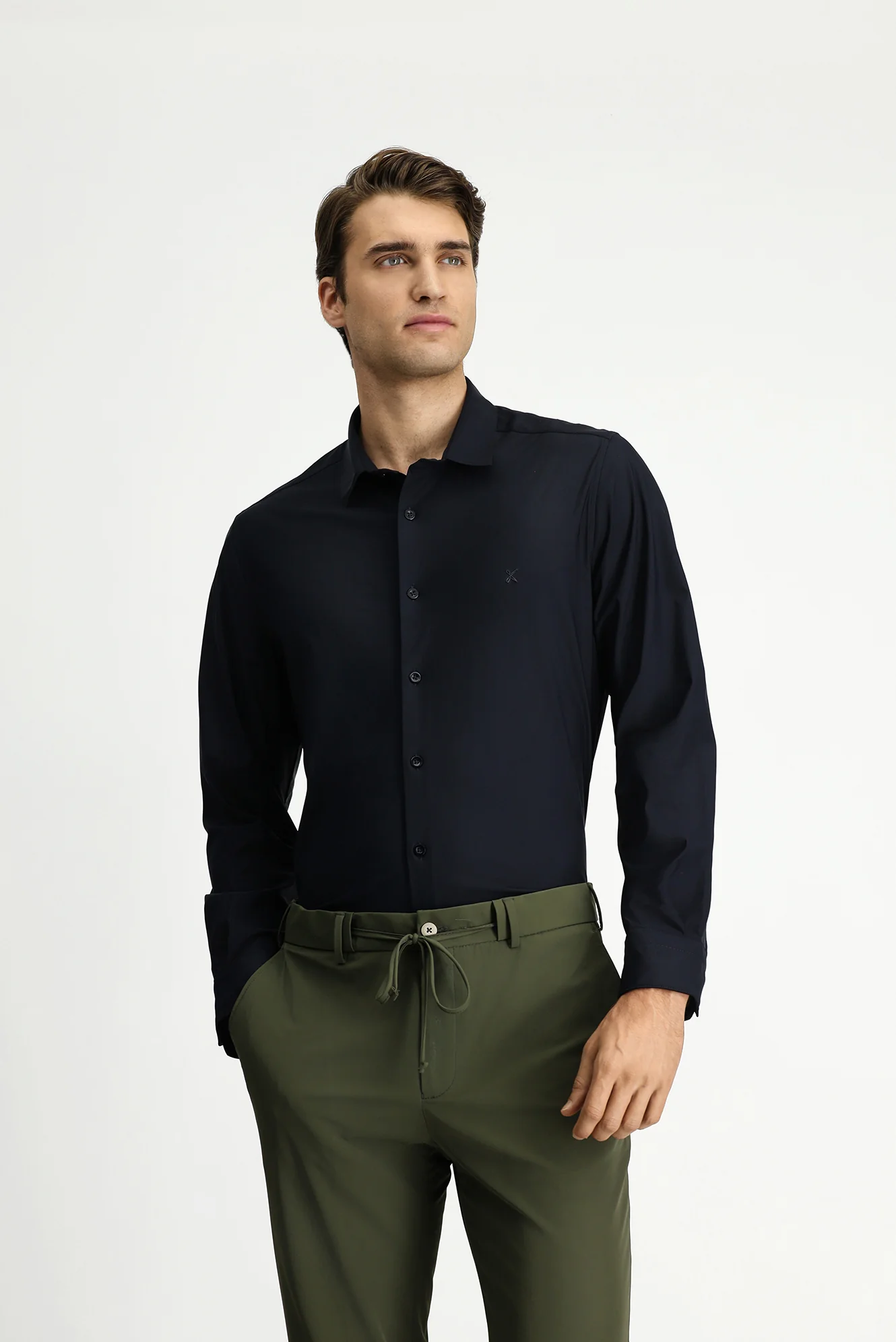 Siyah Techno-Line Uzun Kol Slim Fit Dar Kesim Örme Likralı Gömlek - Image 3