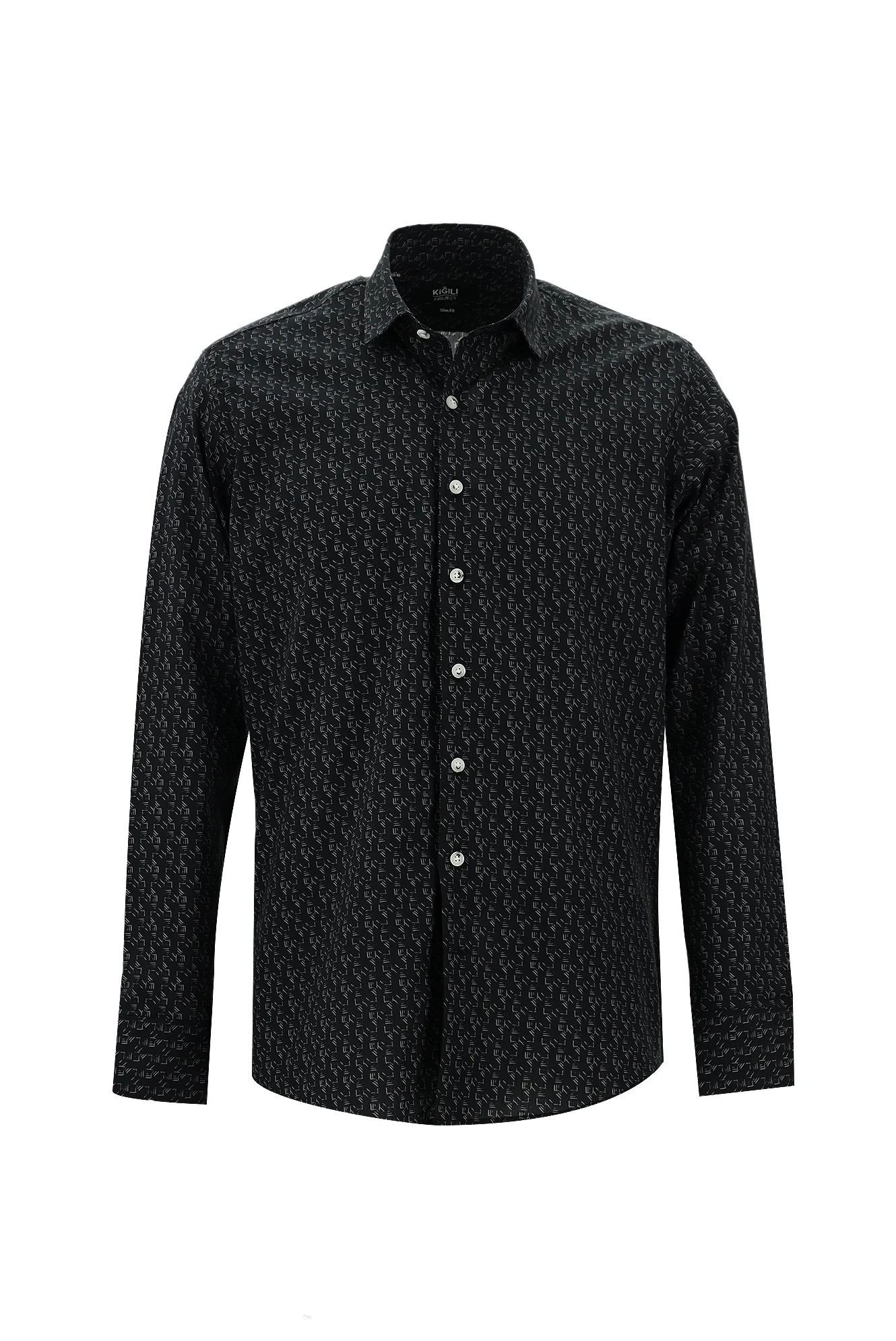 Siyah Uzun Kol Baskılı Slim Fit Dar Kesim Pamuk Gömlek