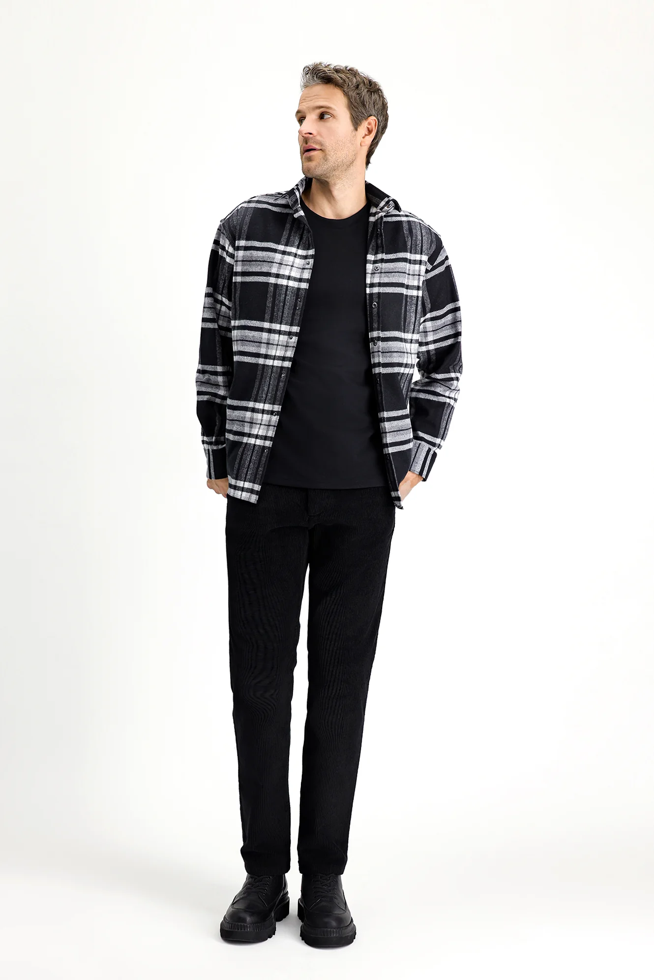 Siyah Uzun Kol Oversize Ekose Shacket Oduncu Pamuklu Gömlek / Mont