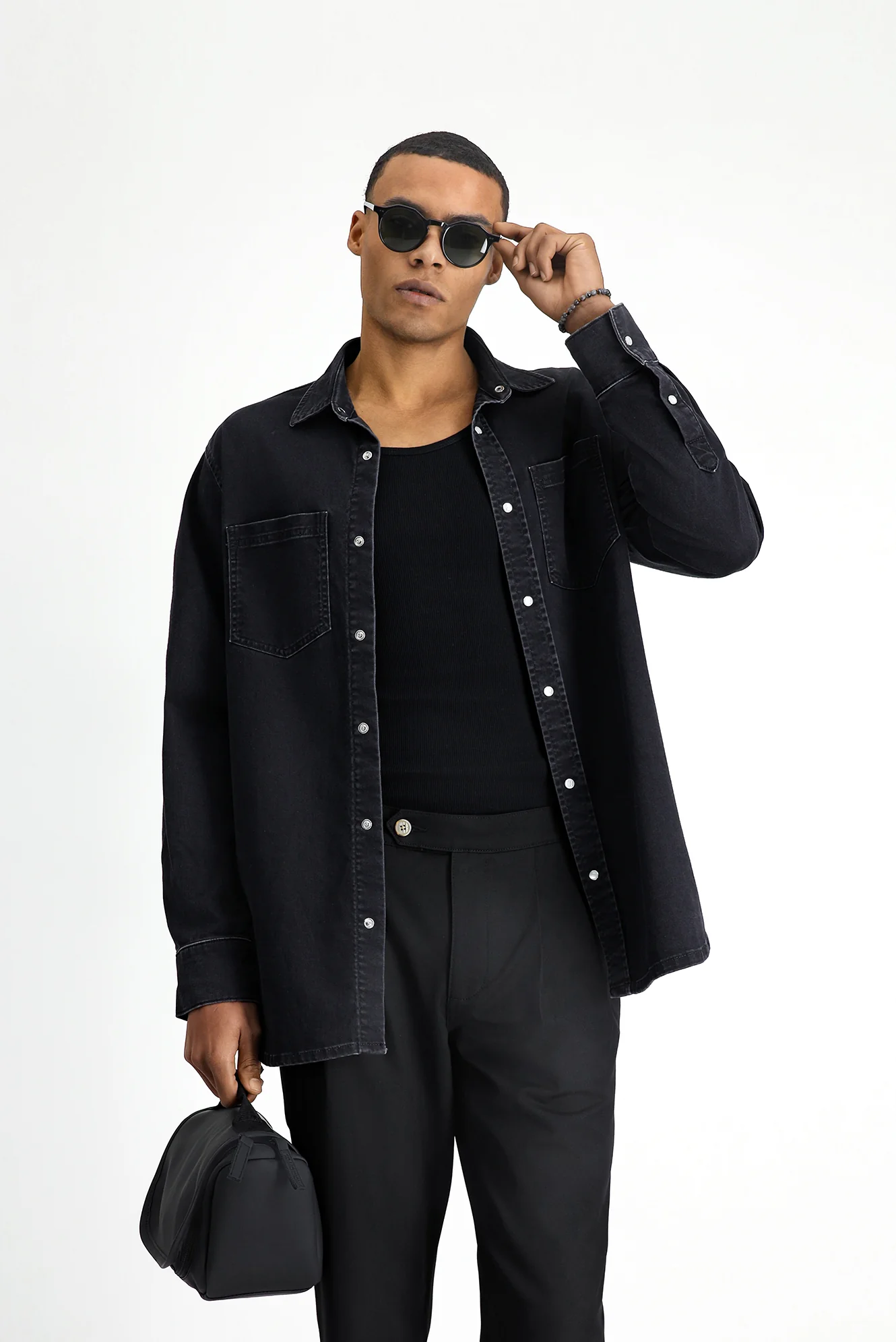 Siyah Uzun Kol Oversize Pamuklu Denim Gömlek - Image 4