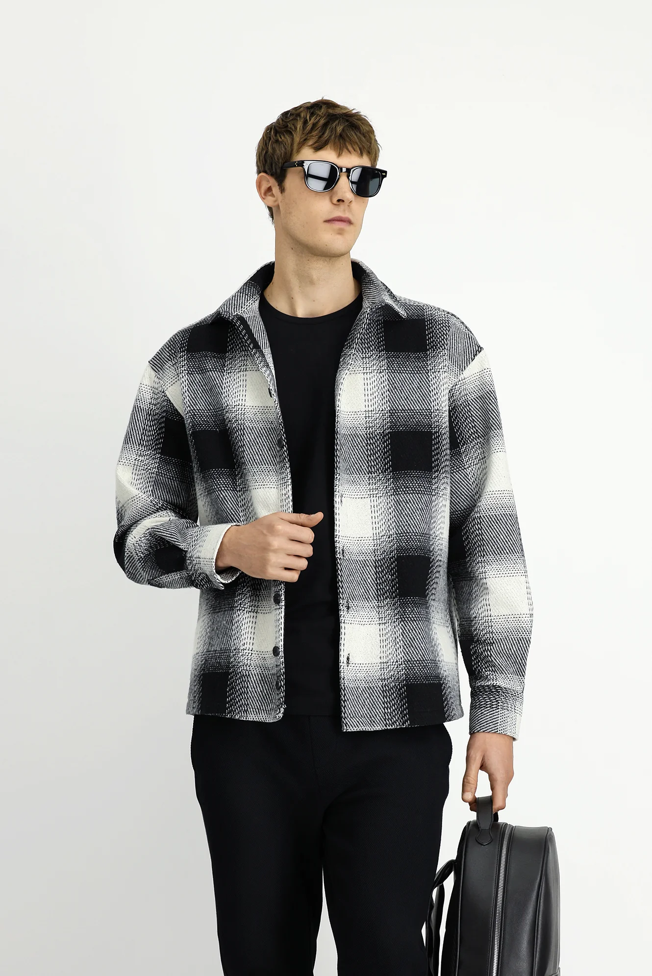 Siyah Uzun Kol Oversize Ekstra Rahat Kesim Spor Ekose Shacket Oduncu Pamuklu Gömlek / Mont