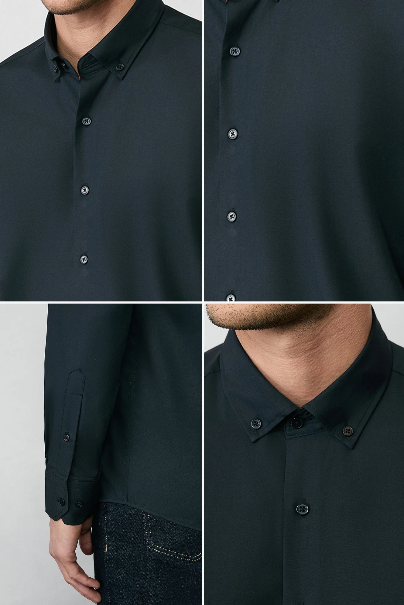 Siyah Uzun Kol Regular Fit Düğmeli Yaka Pamuklu Non Iron Ütü Gerektirmeyen Gömlek - Image 5