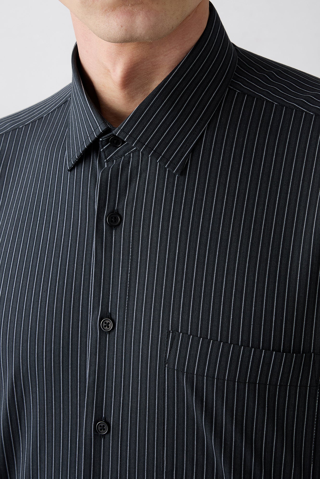 Siyah Uzun Kol Slim Fit Çizgili Cepli Pamuklu Nefes Alabilen Klasik Gömlek - Image 4