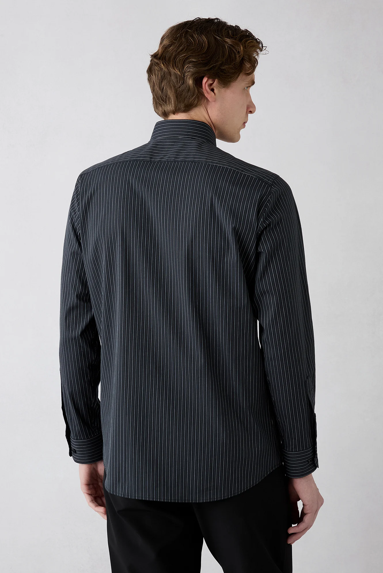 Siyah Uzun Kol Slim Fit Çizgili Cepli Pamuklu Nefes Alabilen Klasik Gömlek - Image 6