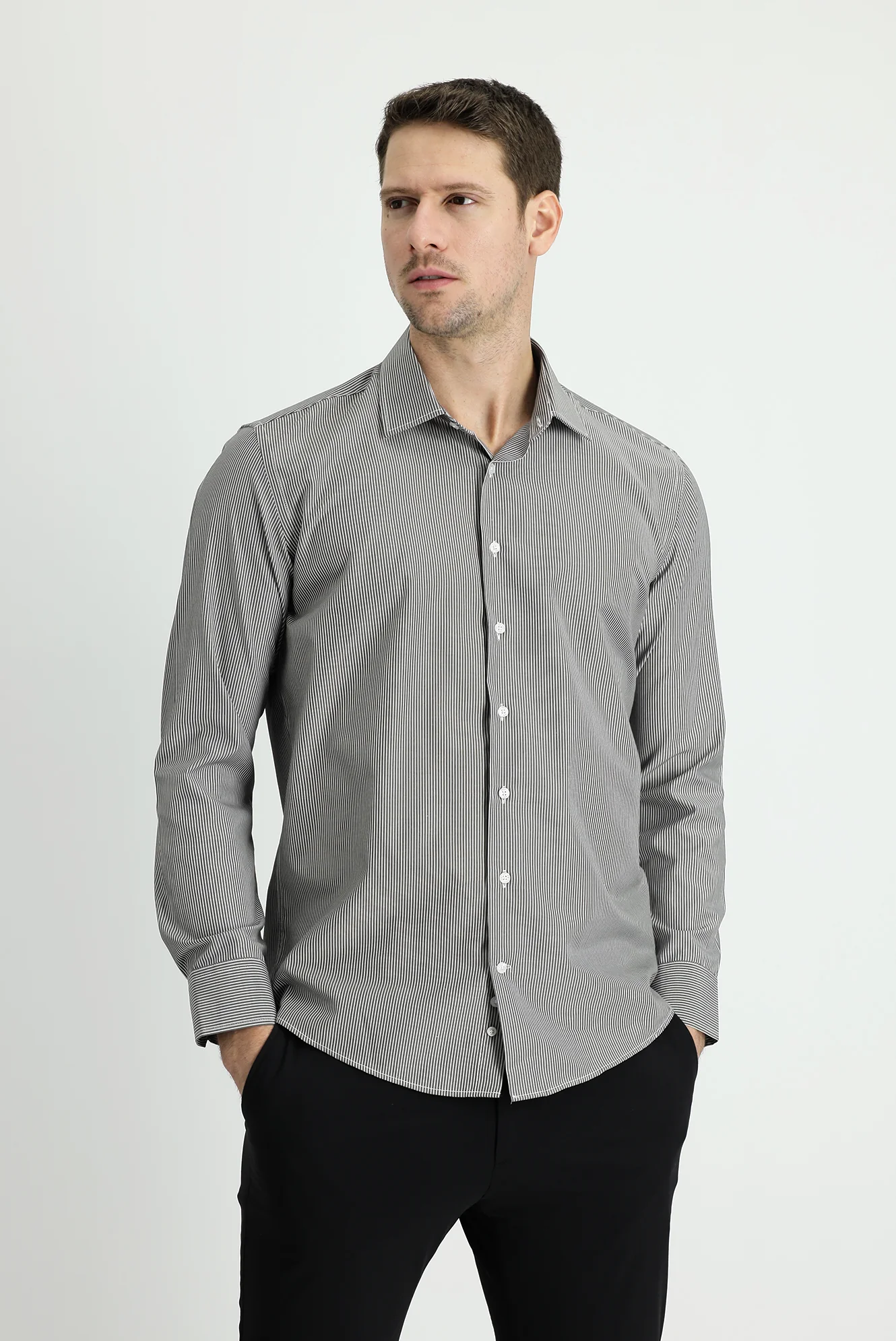 Siyah Uzun Kol Slim Fit Çizgili Gömlek