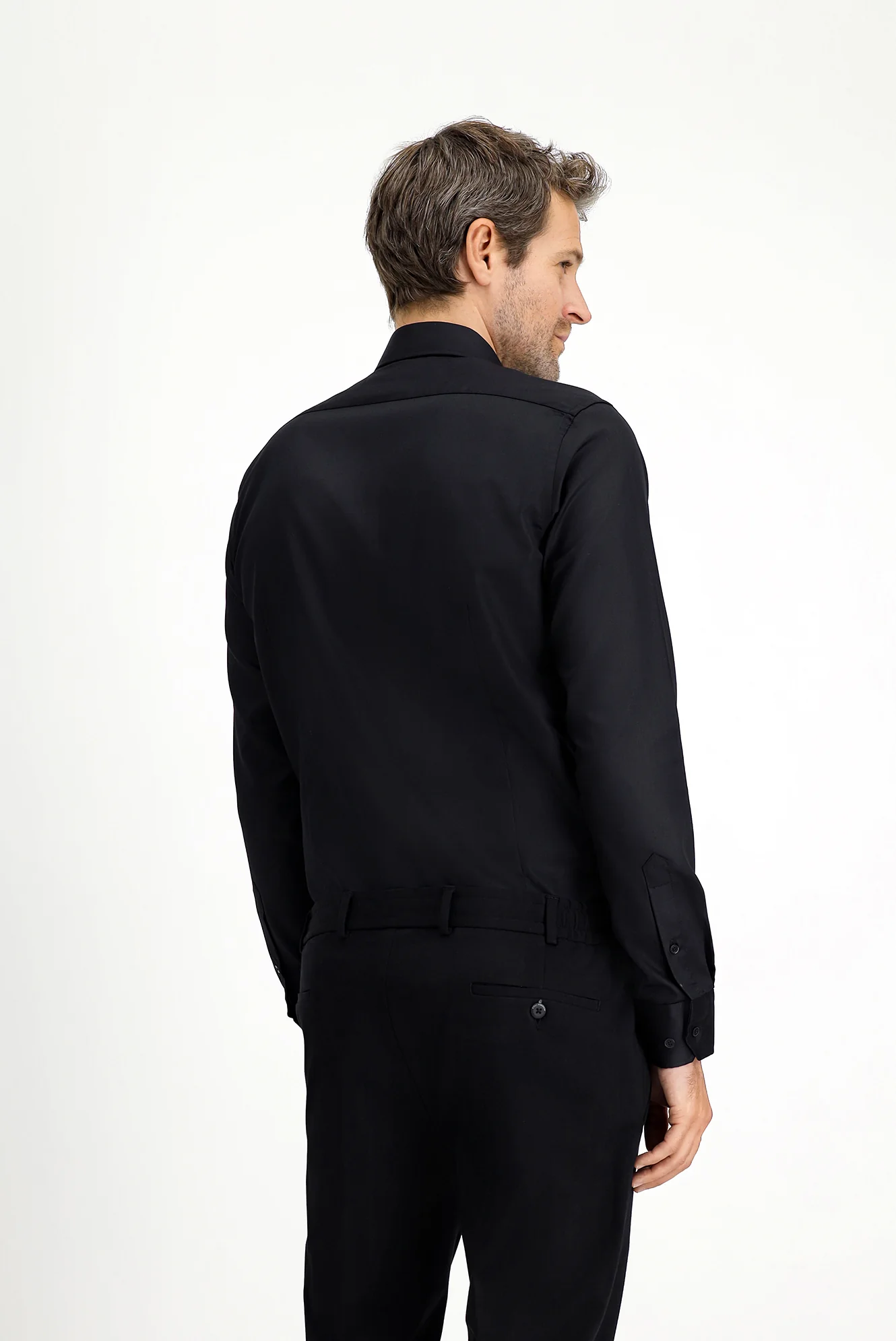 Siyah Uzun Kol Slim Fit Dar Kesim Klasik Non Iron Saten Pamuklu Gömlek - Image 4